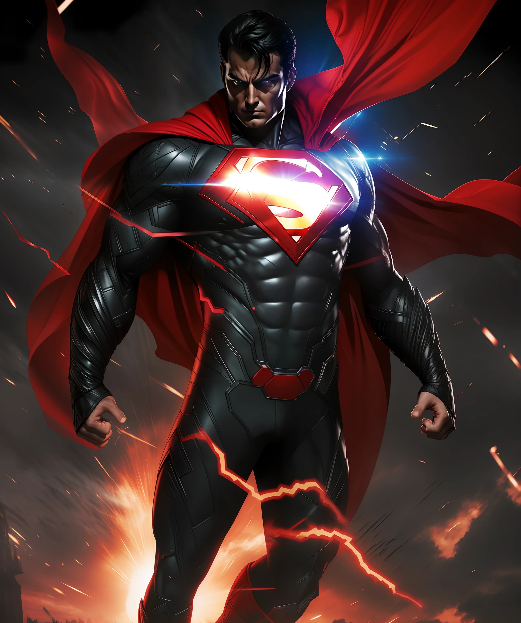 Super Dark Man, Dark Costume, Long Red Cape, Detailed Face.