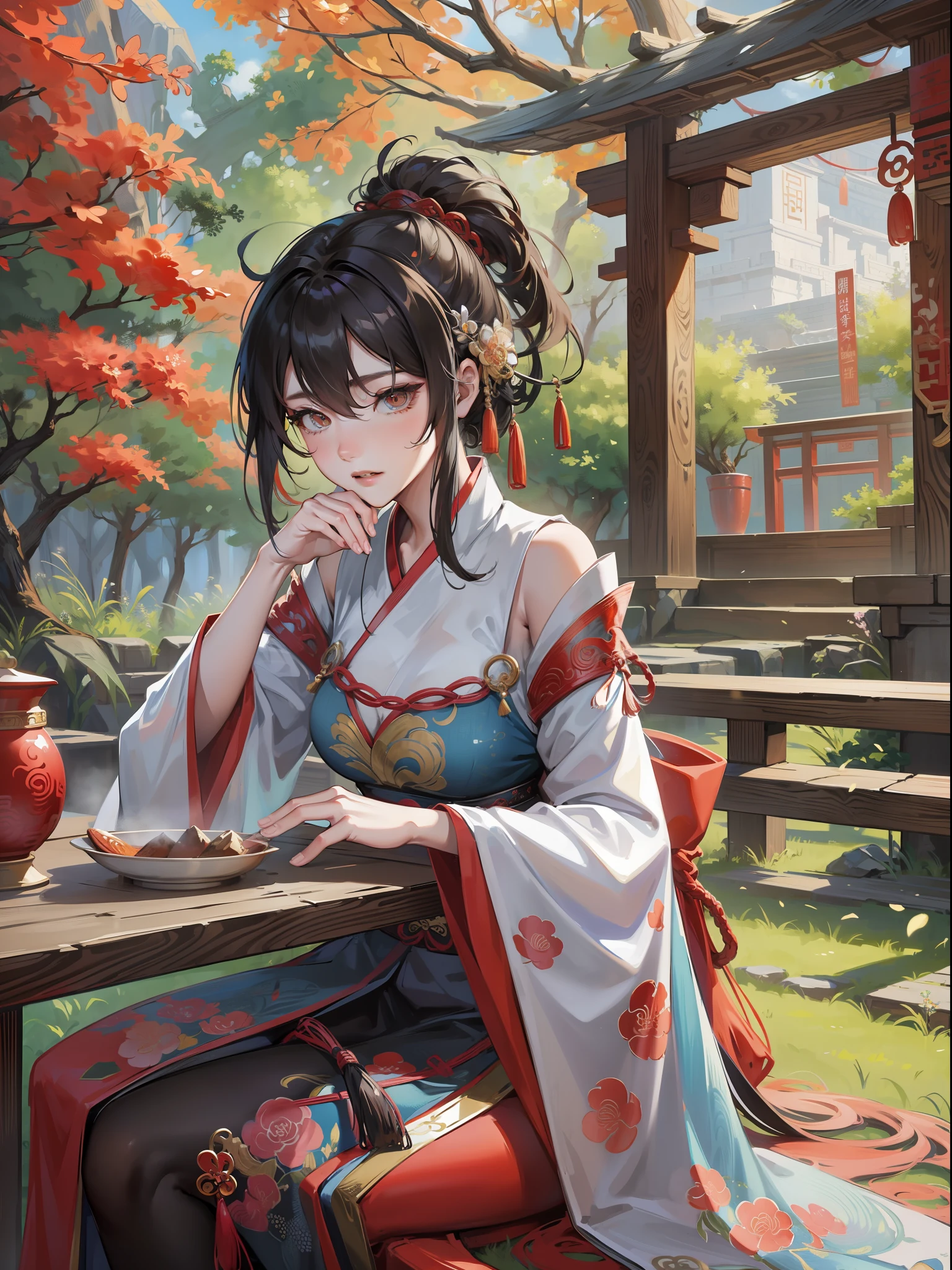 ancient china mythology, traditional style, greg rutkowski, bashful queen, isekai fantasy, wuxia genre, sitting at a table, (highly stylized artstyle), landscape