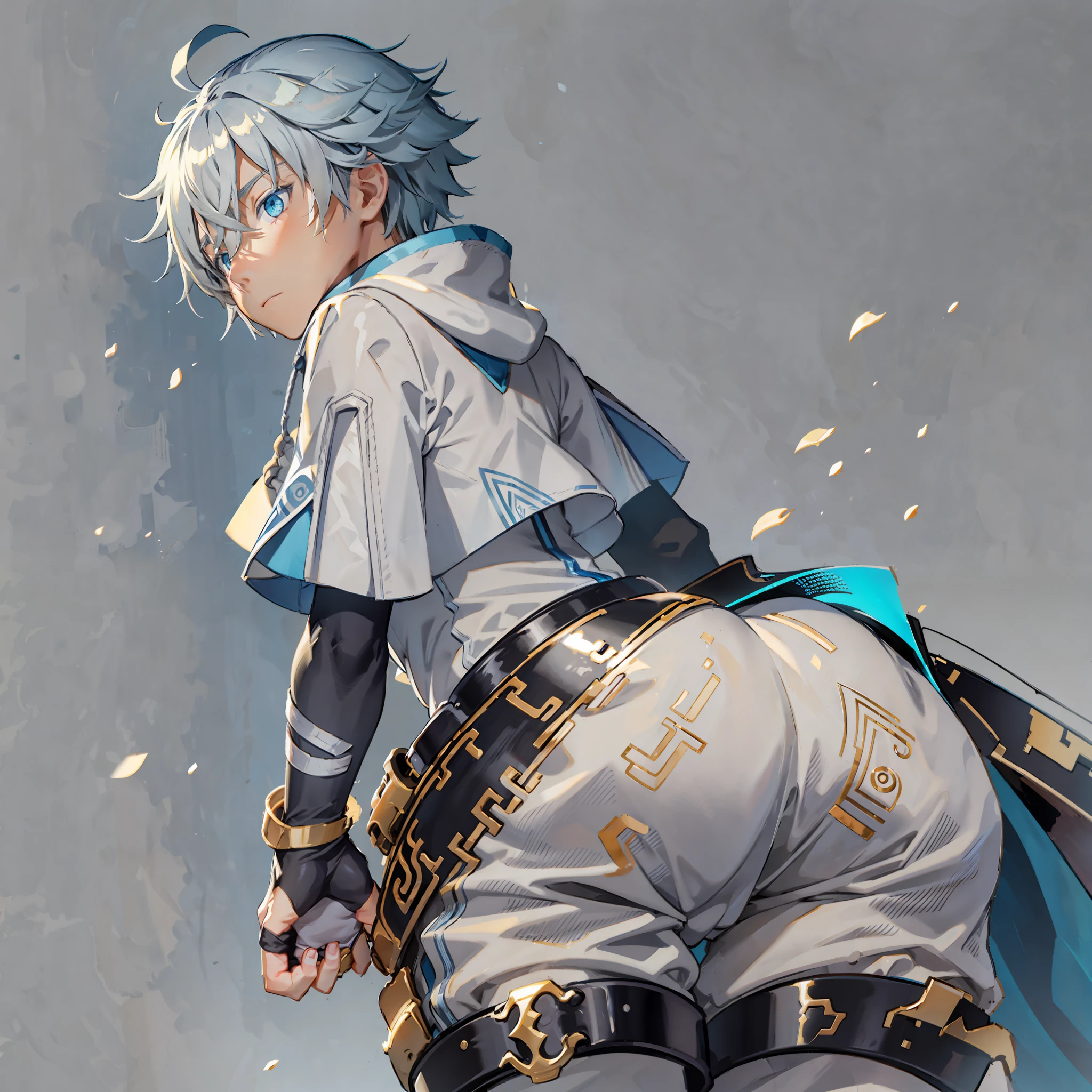 1boy, male focus, cowboy shot, (simple background), masterpiece, best quality, chongyun (genshin impact), (androgynous), (solo), blue eyes, (short hair), cyan hair, gloves, ahoge, white clothes, fingerless gloves, minimal detail on clothes, short hair, minimalist background, (grey background:1.4), from behind, butt, wide hips, butt, large butt, huge ass, large behind, large rear, suggestive