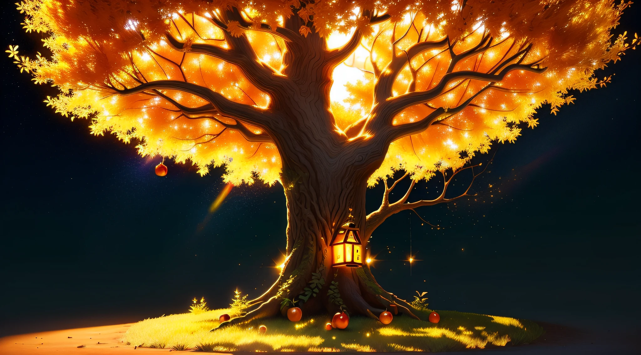 Magical wonder tree that glows in a golden shine. Afternoon. Golden apples are between the leafs. Golden particle in the air. 16k. High resolution