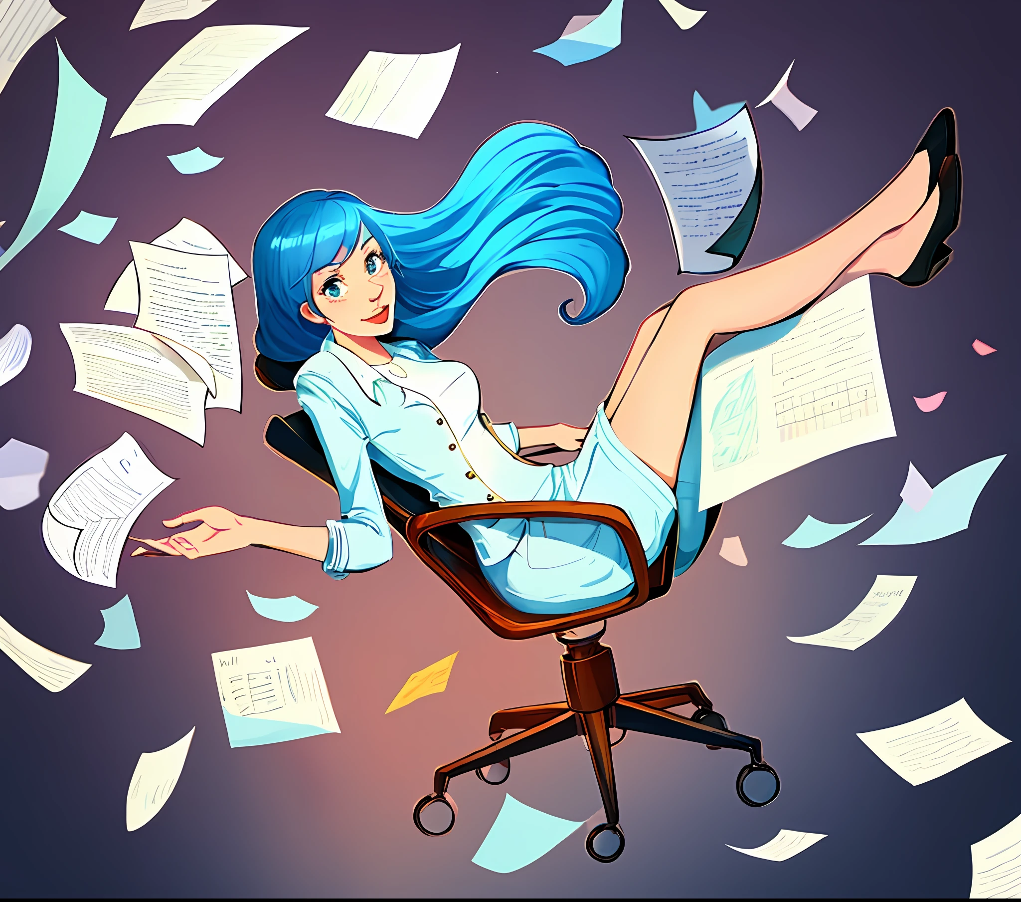 cartoon woman sitting in a chair with papers flying around her, hd illustration, official illustration, digital illustration -, in style of digital illustration, cartoon style illustration, full color digital illustration, high quality illustration, funny illustration, a beautiful artwork illustration, [ digital art ]!!, proffesional illustration, illustration!, an illustration, anime style”, full color illustration