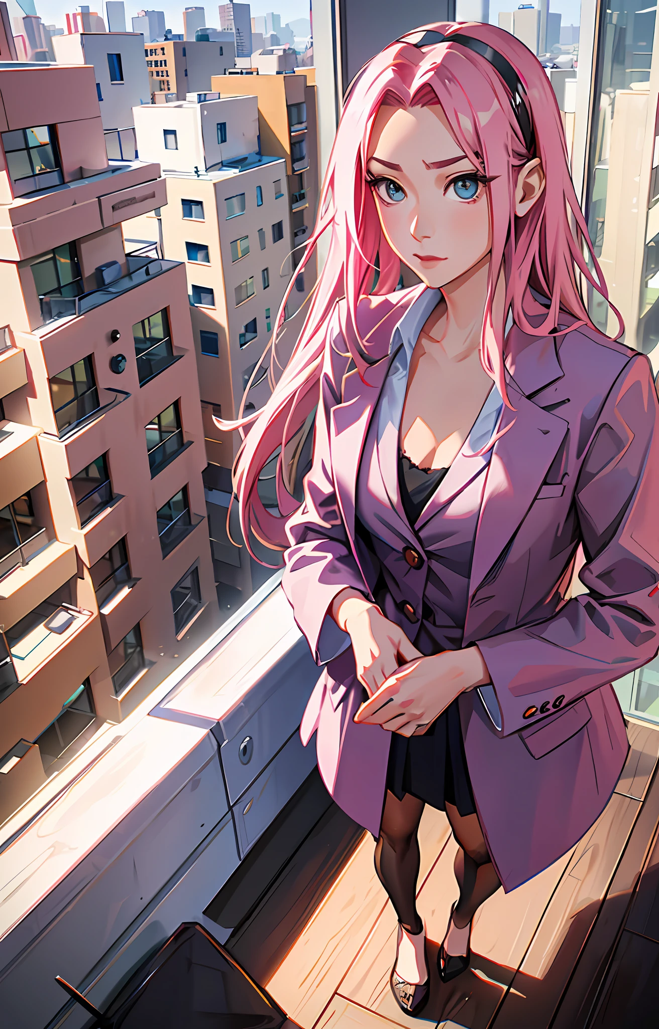 SakuraNS, ((solo)), alone, ((forehead the show)), elegant,wearing a feminine suit, pink hair, delicate, young, long hair, detailed face, high definition, ((full body)), full body, ((serious)), in an office looking at the city outside the window, CEO, she is a beautiful woman of success, face with high quality,CEO, high definition, sharp, sharp features, no bandana, unadorned