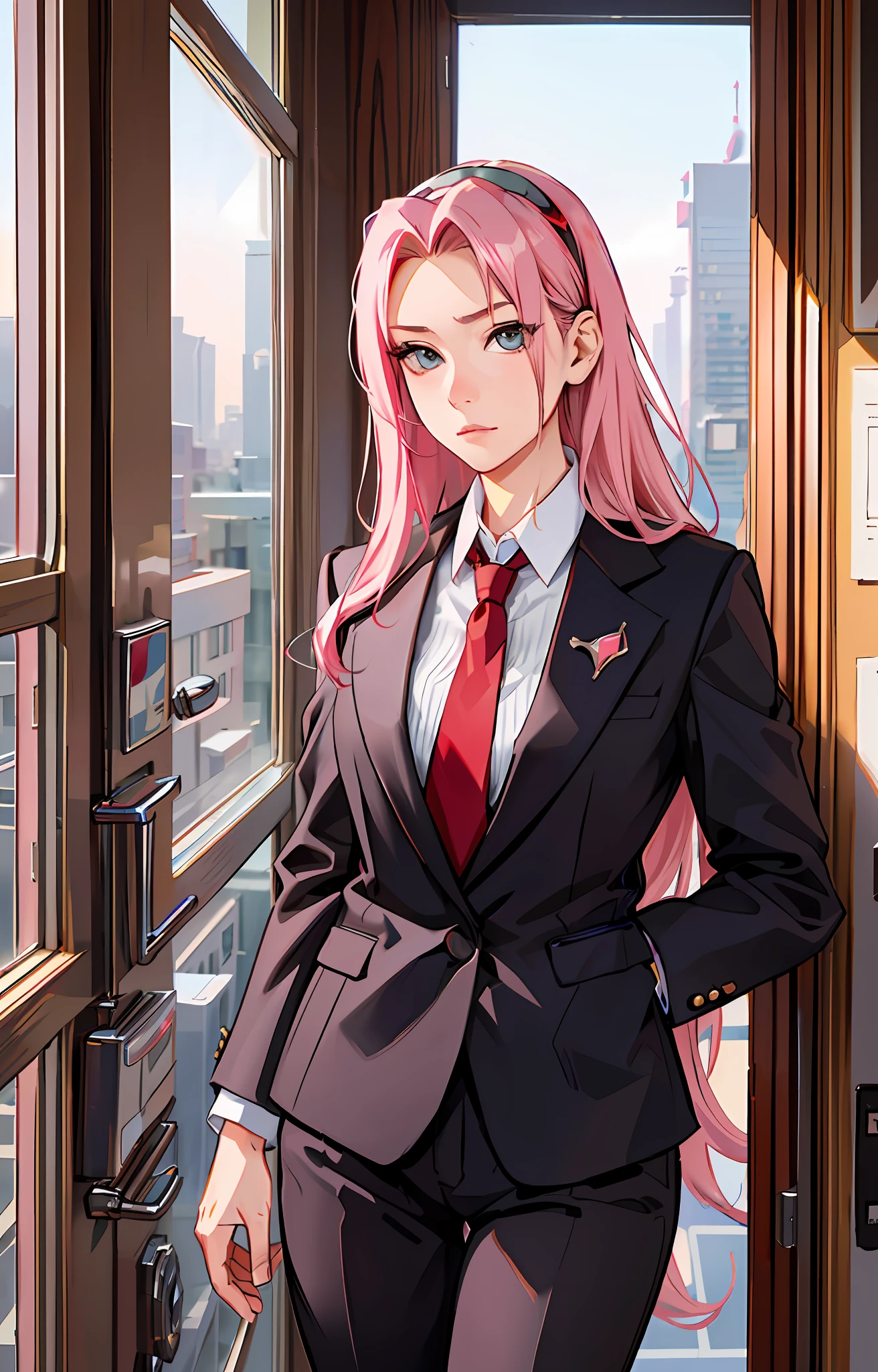 SakuraNS, ((solo)), alone, ((forehead the show)), elegant,wearing a feminine suit, pink hair, delicate, young, long hair, detailed face, high definition, ((full body)), full body, ((serious)), in an office looking at the city outside the window, CEO, she is a beautiful woman of success, face with high quality,CEO, high definition, sharp, sharp features, no bandana,  unadorned