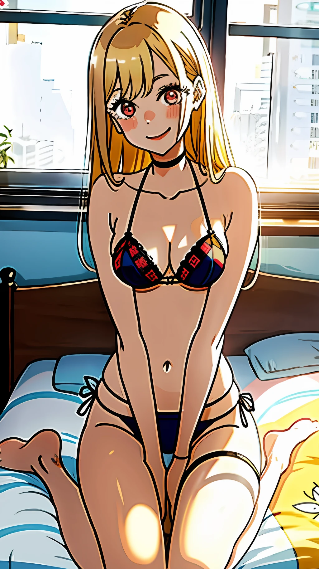 (masterpiece: 1.3), (best quality: 1.3), (cel shading: 1.15), high resolution, extremely detailed CG, ((1girl)), ((female solo)), ((female solo)), (small head), ((shiny skin)), eyeliner, smile, red eyes, detailed face, best ratio four fingers and a thumb, long blonde hair, bikini with yellow flowery print, top with front bow, mini bikini panties with strings and side bow, leaning forward, arms at the waist, navel, smile, looking at the viewer, cleavage, medium breasts, collarbone, belly, day, bare shoulders, blue eyes, arm strap, thighs, (:3:1.1), sitting on a mattress, in the bedroom, Japanese style room, mat, futon,