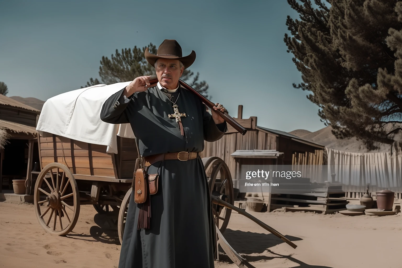 (best quality) A film still depicting a priest cowboy, facing the sunset in a foreign Western scene. (western style) The scene is reminiscent of a Western movie, with shades