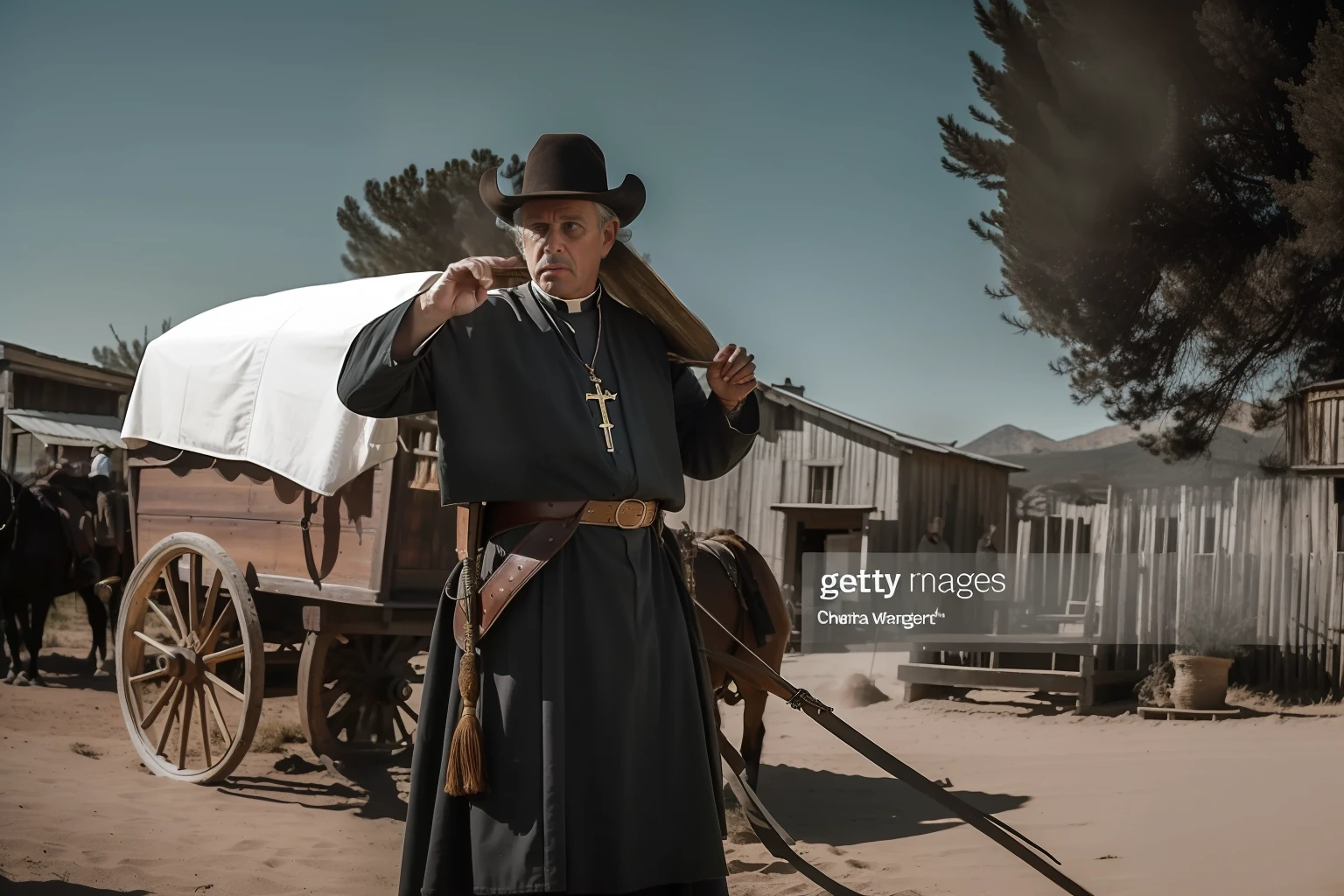 (best quality) A film still depicting a priest cowboy, facing the sunset in a foreign Western scene. (western style) The scene is reminiscent of a Western movie, with shades