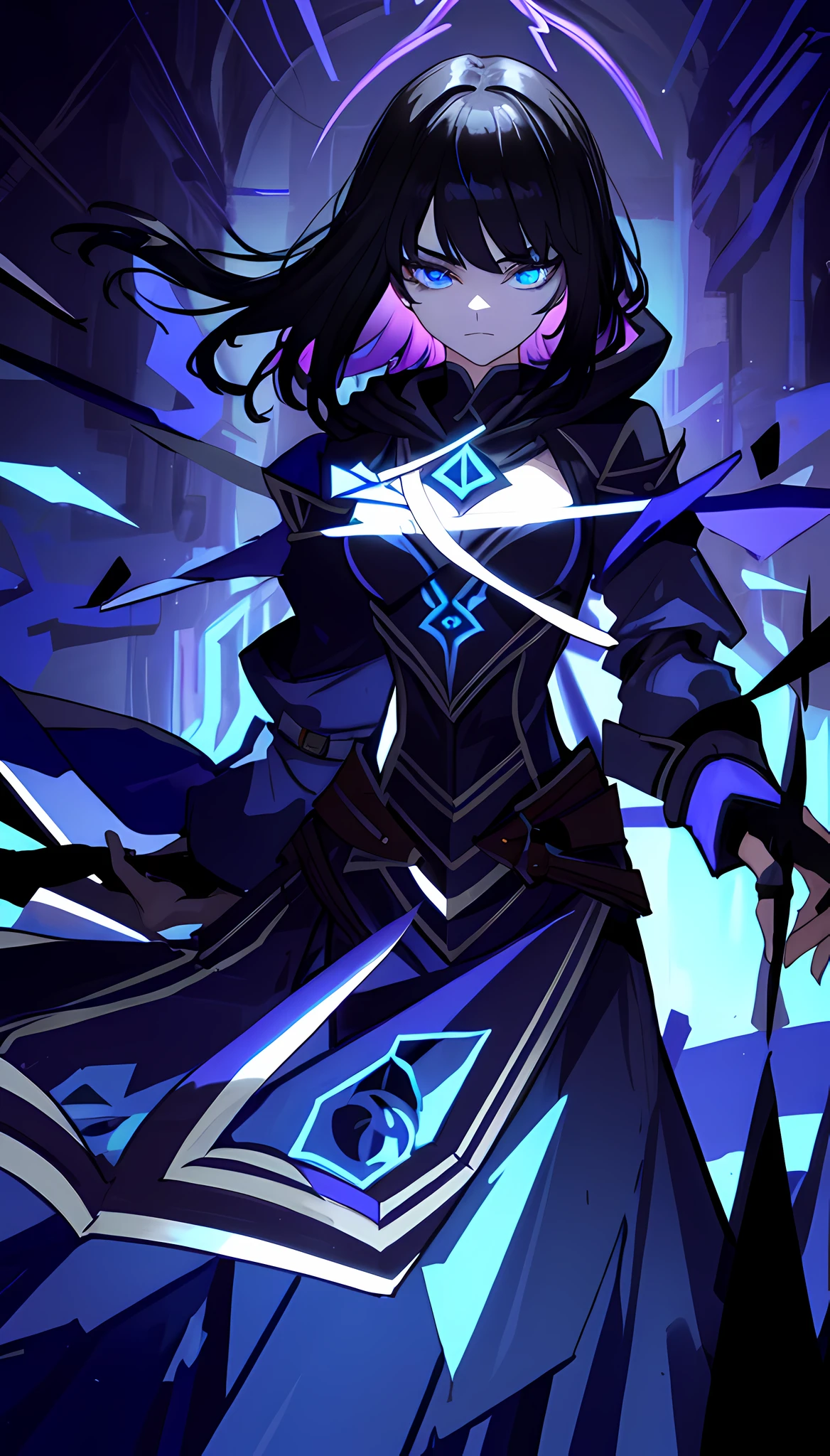 (masterpiece, best quality, ultra-detailed, best shadow), (detailed background,dark fantasy), (beautiful detailed face), high contrast, (best illumination, an extremely delicate and beautiful), ((cinematic light)), colorful, hyper detail, dramatic light, intricate details, (1girl, Somefs Hair, Hoodie Outfit, Warrior Woman, Lean, Toned Body, Rune on face), depth of field,black light particles,(broken glass),