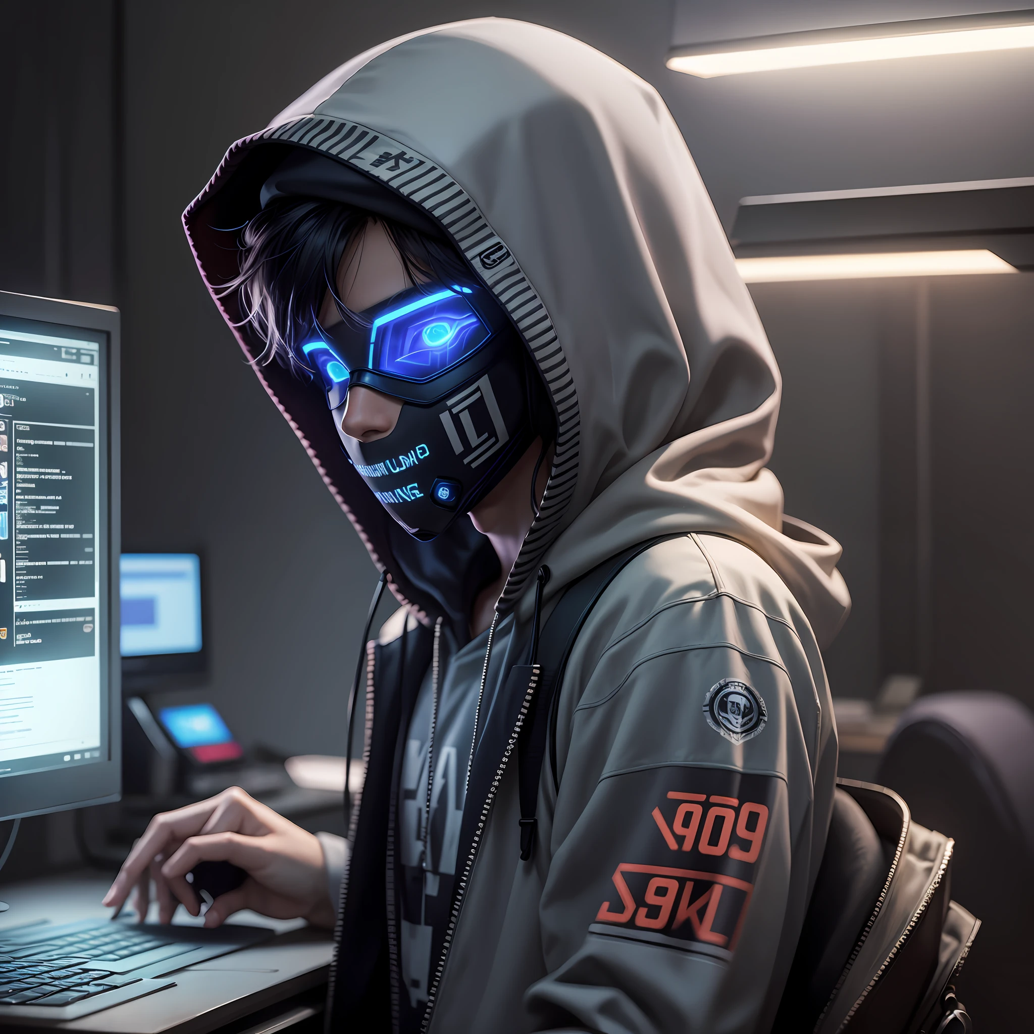 High-quality image with cinematic lighting of a young 19-year-old hacker with a mask using a computer --auto --s2