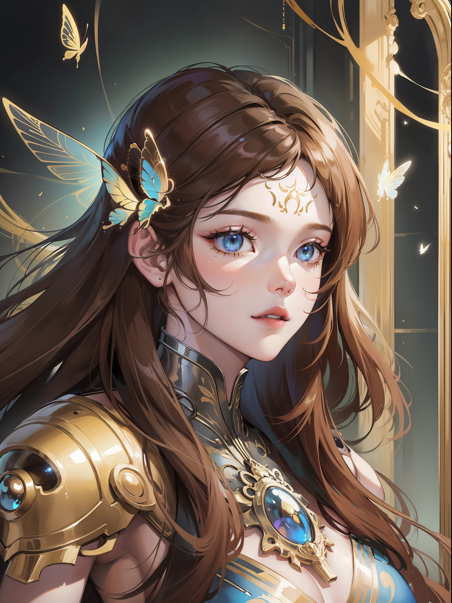 Portrait of a beautiful cyborg with 8k brown hair, intricate, elegant, detailed, majestic, digital photography, artgerm and works by Ruan Jia and Greg Rutkowski, surrealist painting, golden butterfly filigree, broken glass, (masterpiece, side light, delicate and beautiful eyes: 1.2), Human Development Report