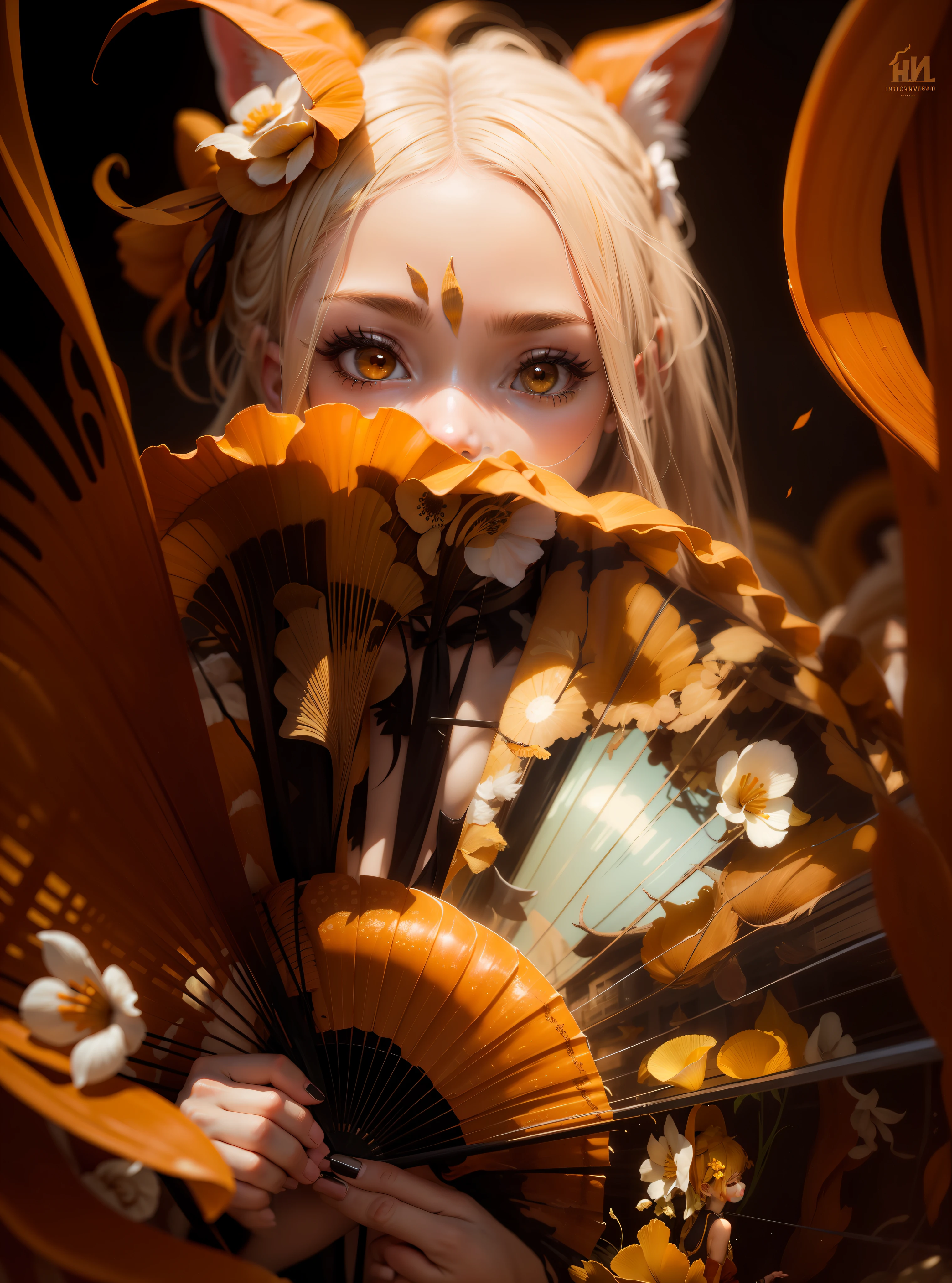 The girl is a chanterelle, in the style of kitsune, with a light beautiful hairstyle and a fan
