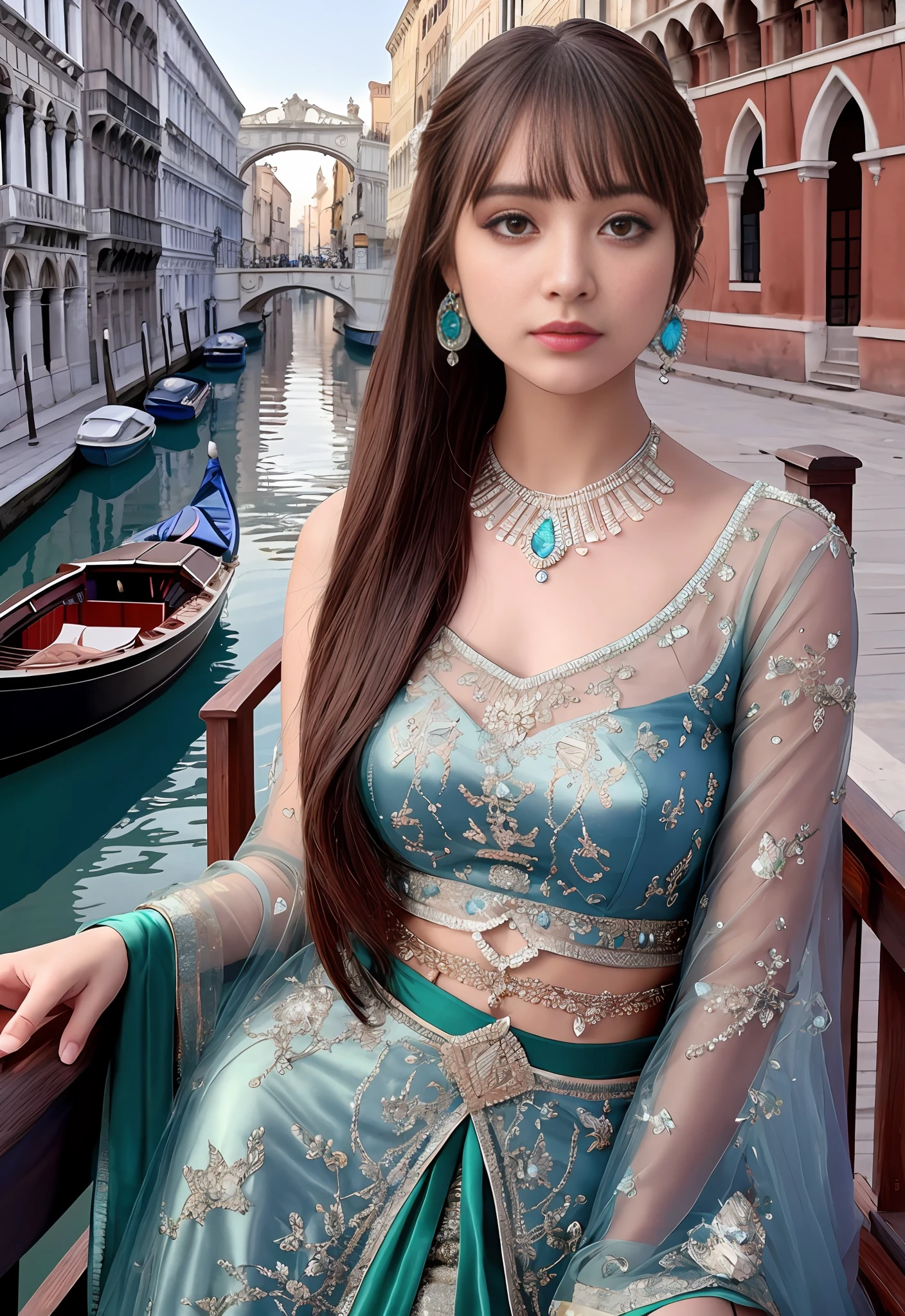 a hyper realistic ultra detailed photograph of a beautiful girl as a female 2020s dancer on the boat of 2020s Venice,(Bridge Of Sighs background),(princess eyes,shiny pupils), detailed symmetric beautiful hazel eyes, detailed gorgeous face, peaky blinders environemt, trending on cg society, bauhaus, bulgari, colourful atmosphere, official valentino editorial, moonlight, medium symmetry, neoprene, behance contest winner, portrait featured on unsplash, stylized digital art, smooth, ultra high definition, 8k, unreal engine 5, ultra sharp focus, award-winning photograph, Canon EOS 5D Mark IV DSLR, f/8, ISO 100, 1/250 second, TanvirTamim, trending on artstation, by artgerm, h. r. giger and beksinski, highly detailed, vibrant