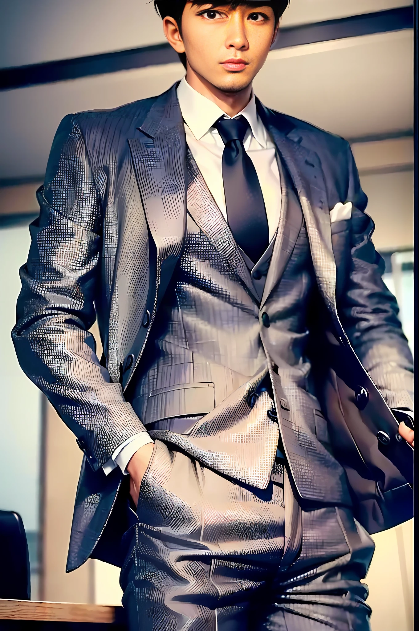 (Best Quality, 8k, 32k, Masterpiece, UHD: 1.2), 1 boy, beautiful Japanese man, narrow waist, gray suit, open jacket, office man, suit, pants, from behind, office, desk, (sticking out hips: 1.2), detailed face, short hair, men are dressed revealingly