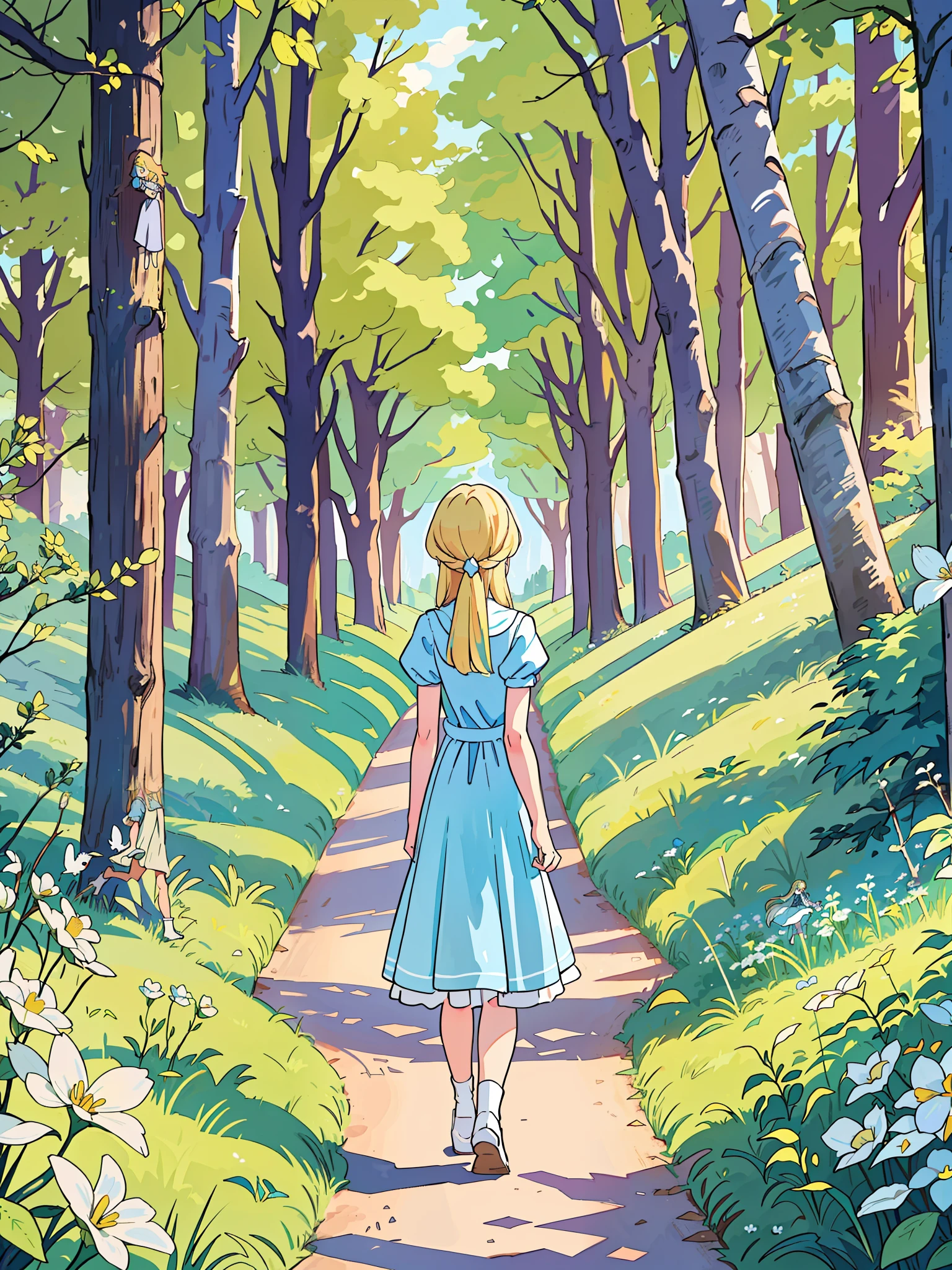 clara, a child with blonde hair, shoulder-length hair length and loose, blue eyes, blue dress with white details, similar to that of Alice from Wonderland, walking in a field, near a forest entrance, with large trees in the background, colorful tree flowers, in the background animals and birds, squirrels on the trees (best quality) (By day) (Masterpiece) --auto --s2