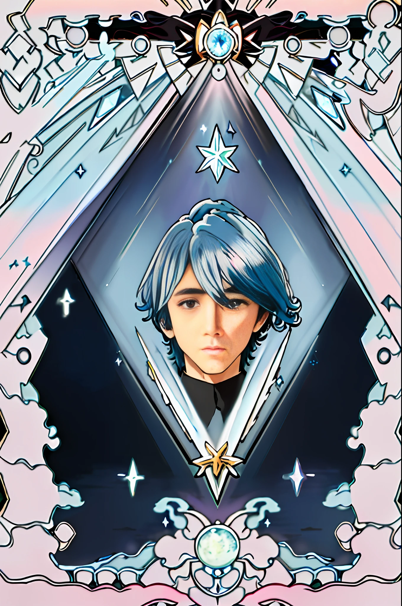 1 boy, simple background, dark background, atmosphere, front face, closed mouth, hemp blue gradient hair, boy, hair complex with personality, avatar, handsome, pink light source, look personality, unique hairstyle, front face, design sense clothes, moon, star-like brilliant hair, details, handsome, hair very detailed, diamond hair, jewel country painting style
