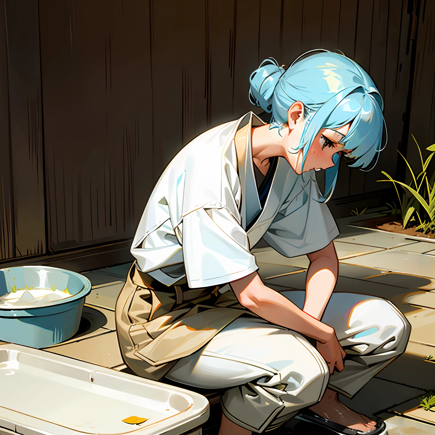 A girl who washes her grandfather's feet