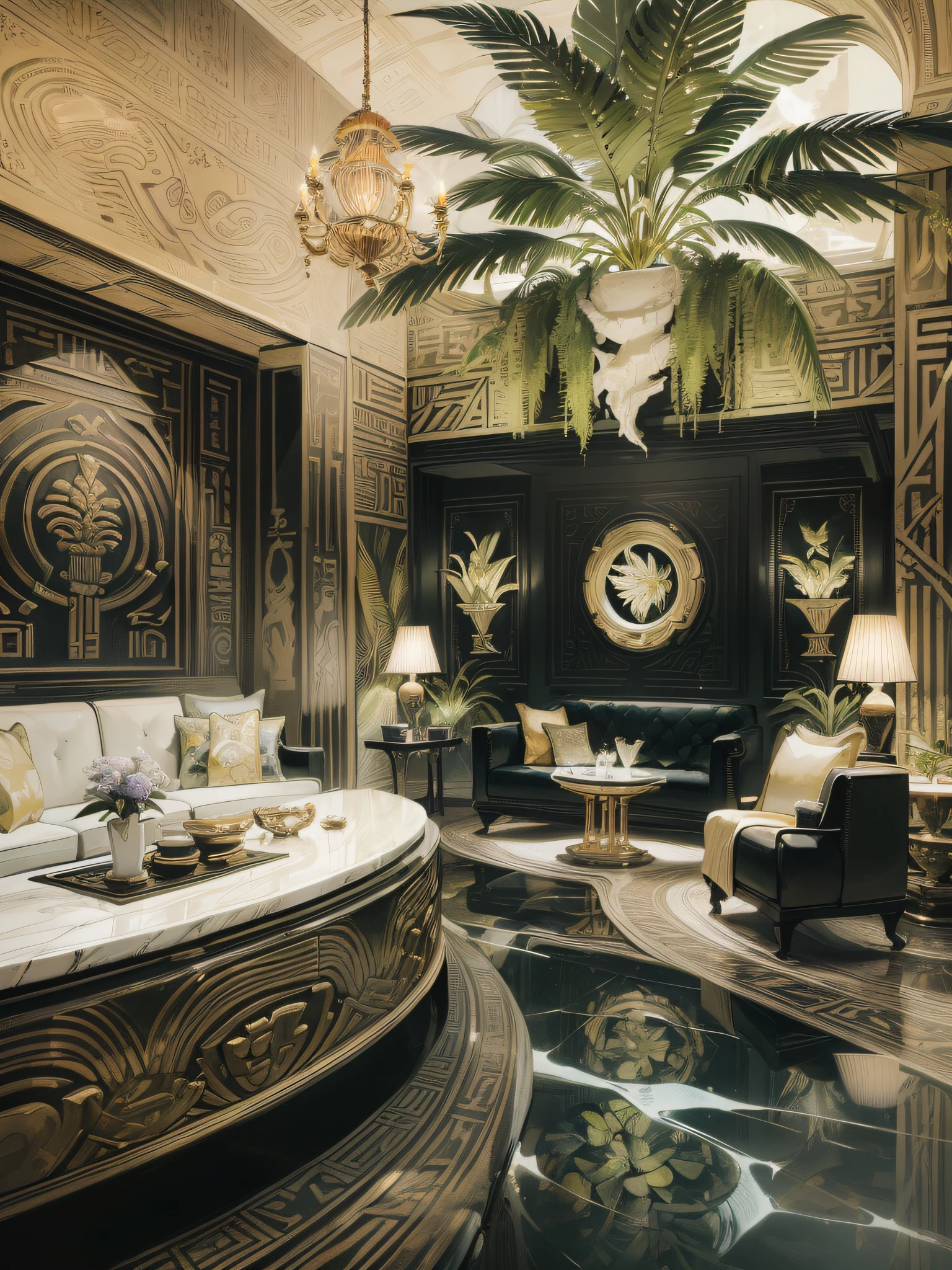 incredible luxurious futuristic living room interior in Ancient Egyptian style with many ((lush plants)) (lotus flowers), ((palm trees)), rocky walls, (sand), (waterfalls), (marble), ((precious minerals)), ((metals)), (gemstones), crystals, clouds and ((water)), (futuristic luxury furniture), crocodiles, ((hieroglyphics)), (((ultra luxury))), (black marble) – with ((beautiful lights)), Unreal Engine, HQ, 16k