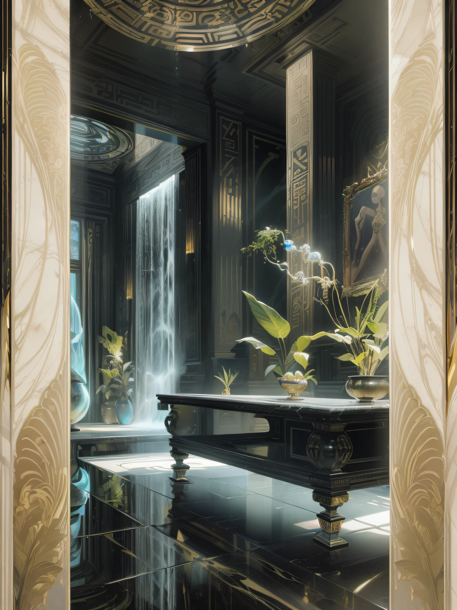 incredible luxurious futuristic living room interior in Ancient Egyptian style with many ((lush plants)) (lotus flowers), ((palm trees)), rocky walls, (sand), (waterfalls), (marble), ((precious minerals)), ((metals)), (gemstones), crystals, clouds and ((water)), (futuristic luxury furniture), crocodiles, ((hieroglyphics)), (((ultra luxury))), (black marble) – with ((beautiful lights)), Unreal Engine, HQ, 16k