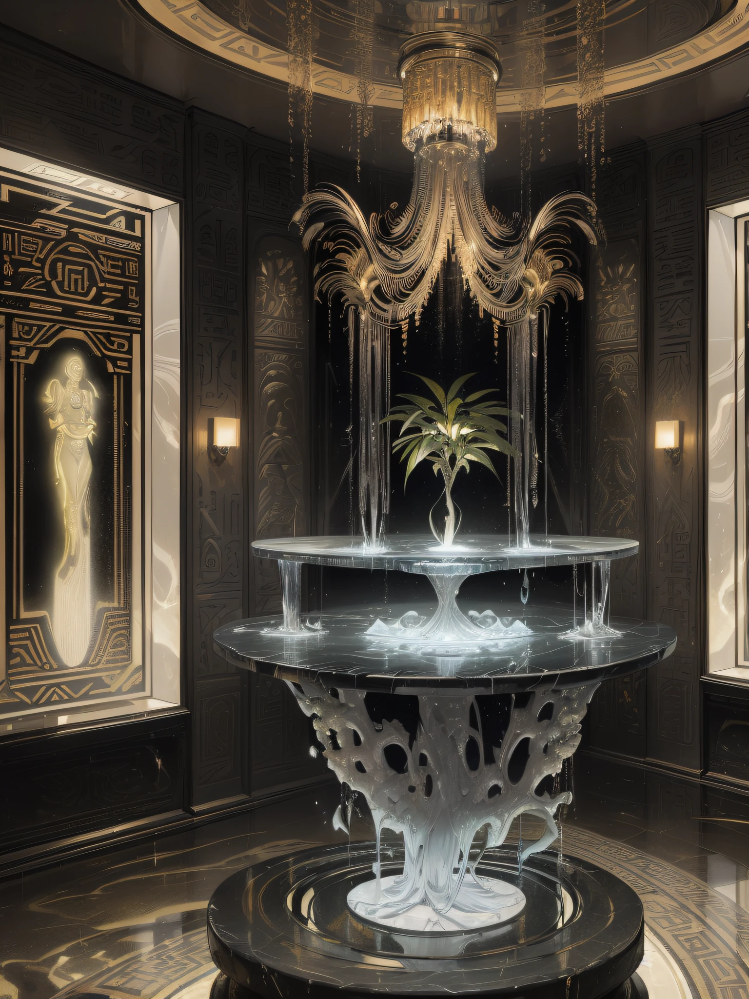 incredible luxurious futuristic living room interior in Ancient Egyptian style with many ((lush plants)) (lotus flowers), ((palm trees)), rocky walls, (sand), (waterfalls), (marble), ((precious minerals)), ((metals)), (gemstones), crystals, clouds and ((water)), (futuristic luxury furniture), crocodiles, ((hieroglyphics)), (((ultra luxury))), (black marble) – with ((beautiful lights)), Unreal Engine, HQ, 16k