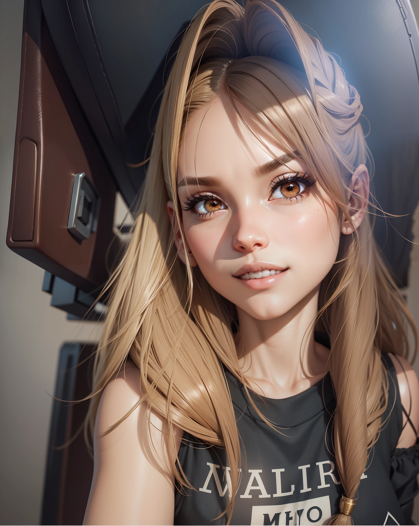 3d, character, realistic, aligned teeth, light brown eyes