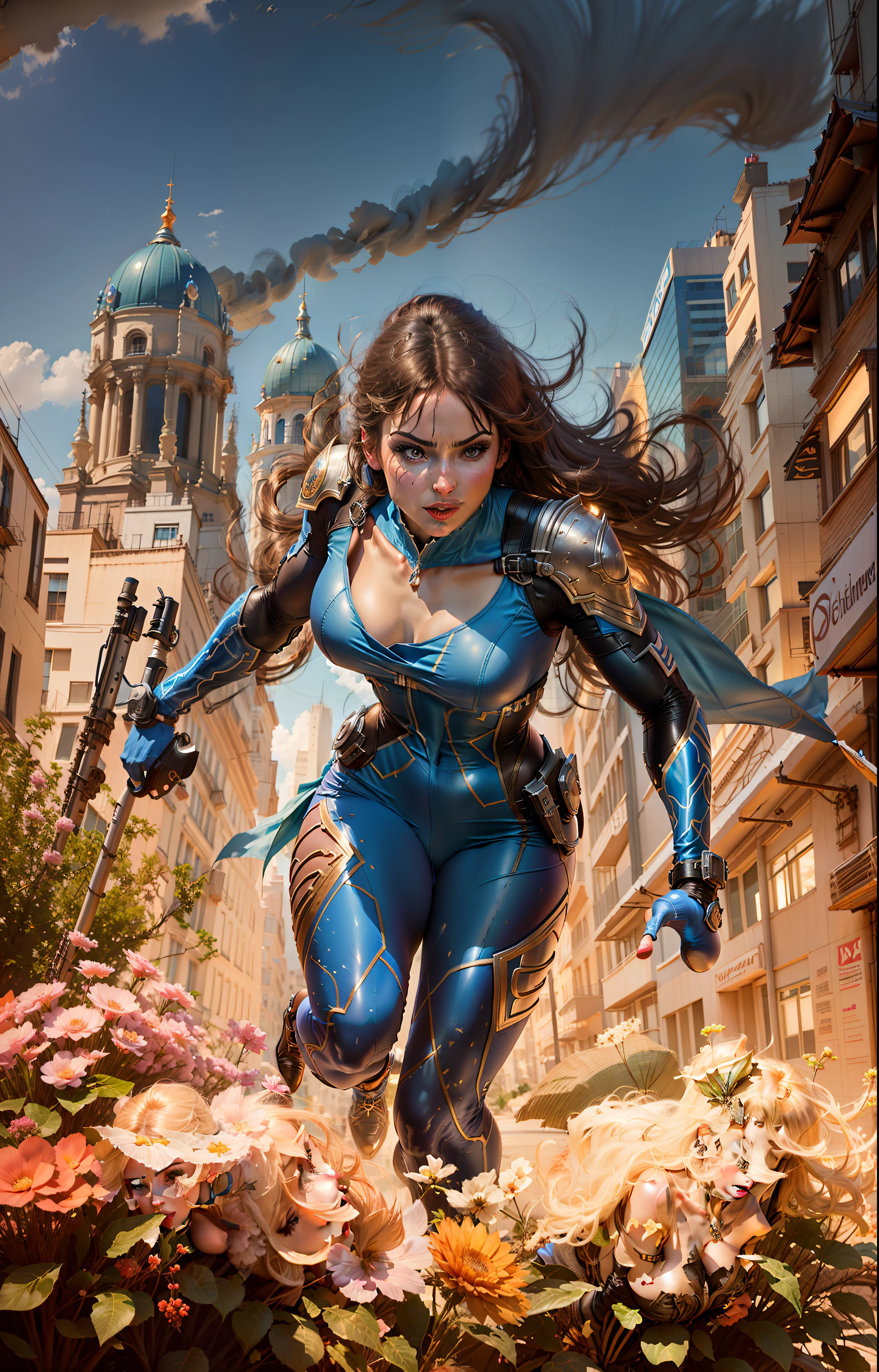 Raped image of a woman in a blue costume running through a city, heroine of zenescope entertainment, redesign to POV Facesitting style, Artgerm style. High definition. sexy body