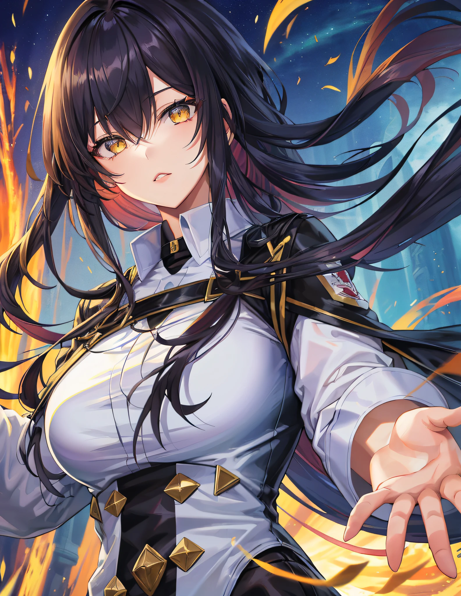 Model Shooting Style, (Masterpiece:1.3), (Absurdity:1.3), (Best Quality:1.3), (8K), (Masterpiece Digital Art), (Detailed Manga Illustration), (Handle Hair), Perfect Anatomy, (Complex Details:1.3), (Detailed Details:1.3), (Illustration:1.3), (Sharp Focus:1.3), (Vivid Color:1.3), 1 Girl, Solo, (Long Hair:1), hair between the eyes, part of loose wavy hair covers his face, (black hair), yellow eyes, floating hair, white coat, sexy,