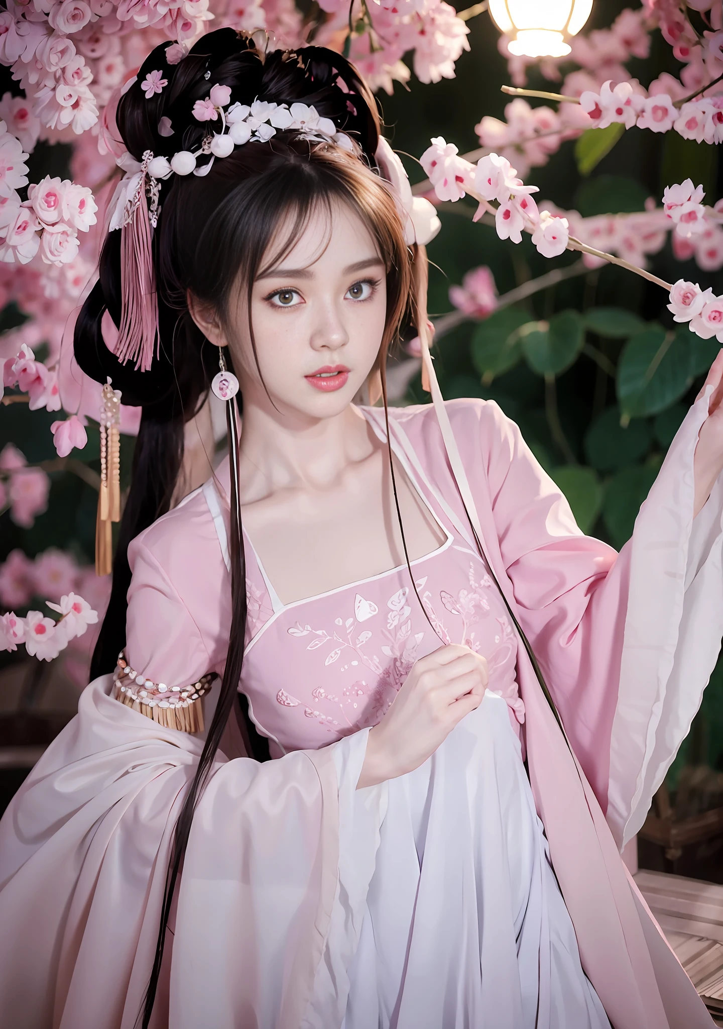 (ulzzang-6500-v1.1:0.4), 1girl, kpop idol, yae miko, detailed face, long legs shot, full body, master, best quality, (very detailed CG unity 8k wallpaper, masterpiece, best quality, ultra - detailed, best shadow), (detailed background), (beautiful detailed face, beautiful detailed eyes), High contrast, (best illumination, an extremely delicious and beautiful), independent sleeves, pink hair, long hair, best quality, (photorealistic : 1.2), (Hair Accessory: 1.35), Jewelry, Purple Eyes, Earrings, Big Breasts, Torii, Cherry Blossoms, Lantern Lights, Depth of Field, Detailed Face, Facial Focus, (Looking at Viewer: 1.25), Skin Shine, long sleeves