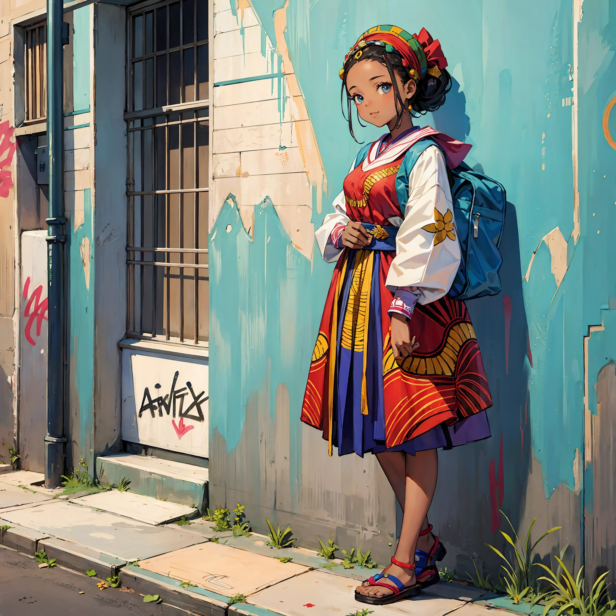 African girl with traditional clothes going to school, graffiti background --auto --s2