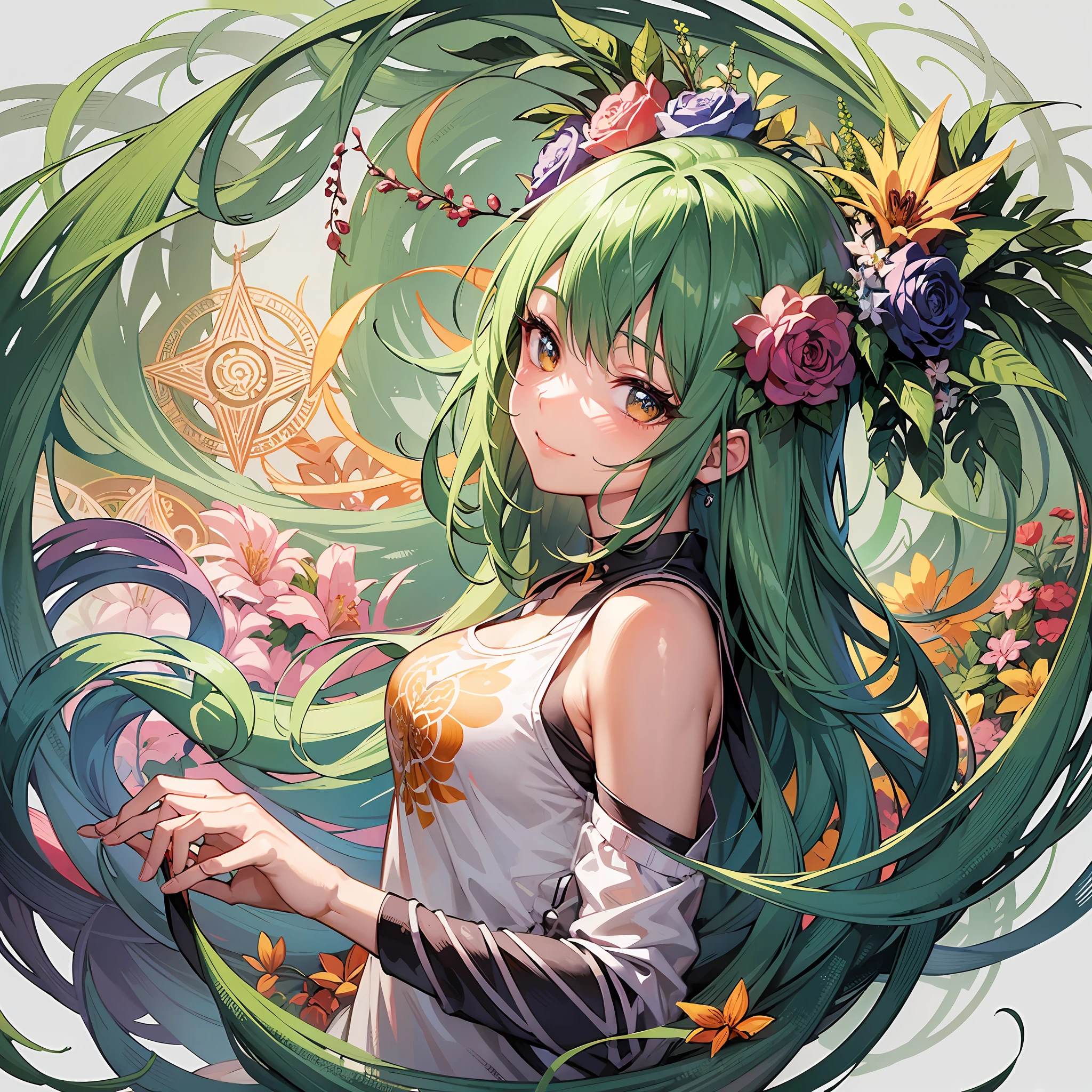 girl smile in circle tshirt design, anime art,in the style of detailed botanical illustrations, colorful cartoon, exotic atmosphere, 2d game art, white background, contour --no mockup --v 5.1 --auto --s2