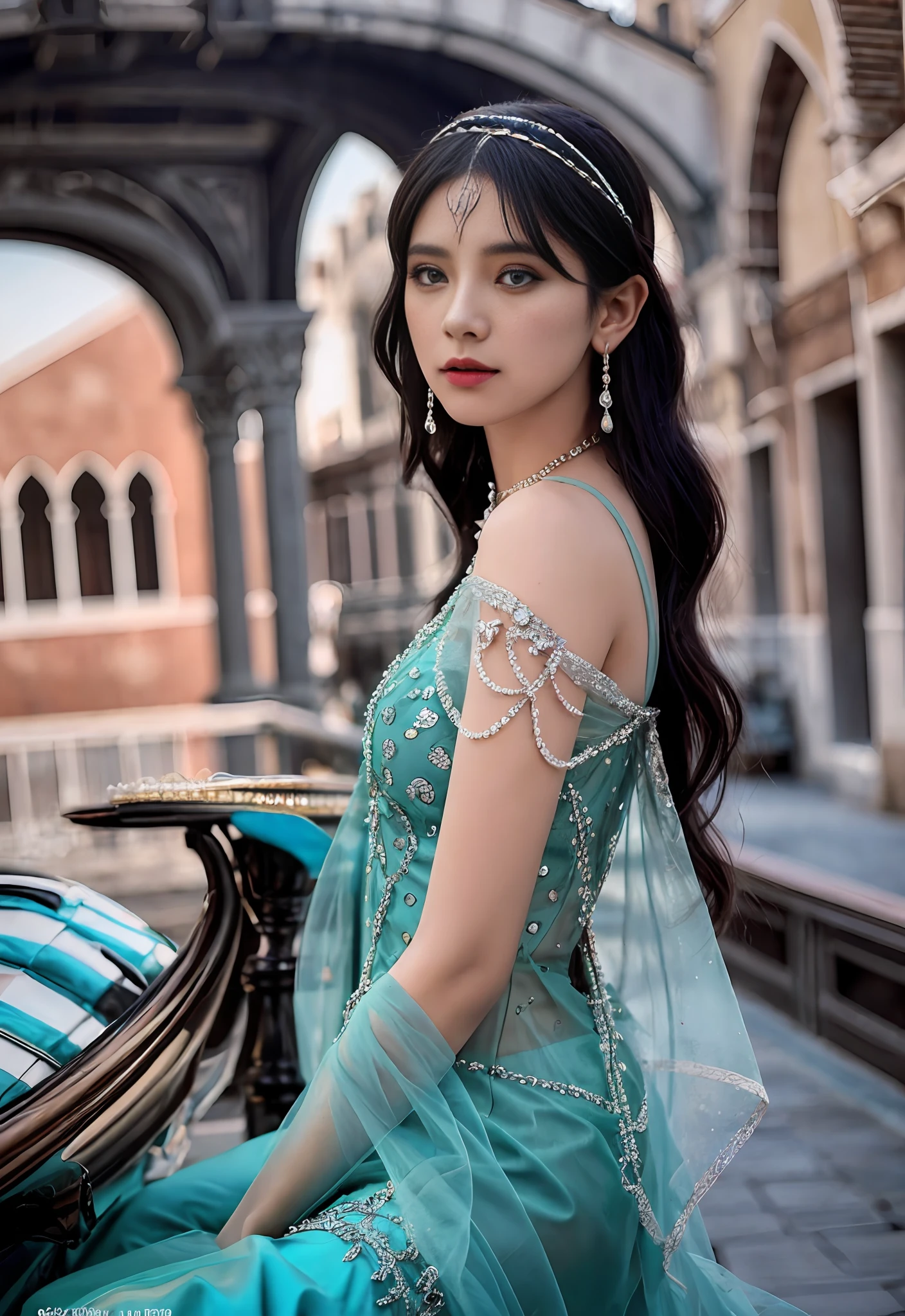 a hyper realistic ultra detailed photograph of a beautiful girl as a female 2020s dancer on the boat of 2020s Venice,(Bridge Of Sighs background),(princess eyes,shiny pupils), detailed symmetric beautiful hazel eyes, detailed gorgeous face, peaky blinders environemt, trending on cg society, bauhaus, bulgari, colourful atmosphere, official valentino editorial, moonlight, medium symmetry, neoprene, behance contest winner, portrait featured on unsplash, stylized digital art, smooth, ultra high definition, 8k, unreal engine 5, ultra sharp focus, award-winning photograph, Canon EOS 5D Mark IV DSLR, f/8, ISO 100, 1/250 second, TanvirTamim, trending on artstation, by artgerm, h. r. giger and beksinski, highly detailed, vibrant