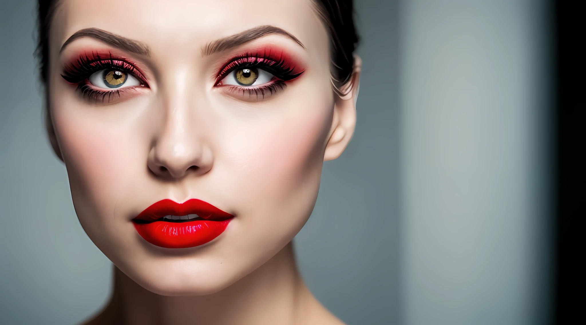 documentary photo, beautiful and mysterious spy, closeup on the face of a fatal woman holding a red lipstick, 9backgroud black0, direct light on the left side, defiant countenance, striking red lipstick, photo with 85mm lens, smoke