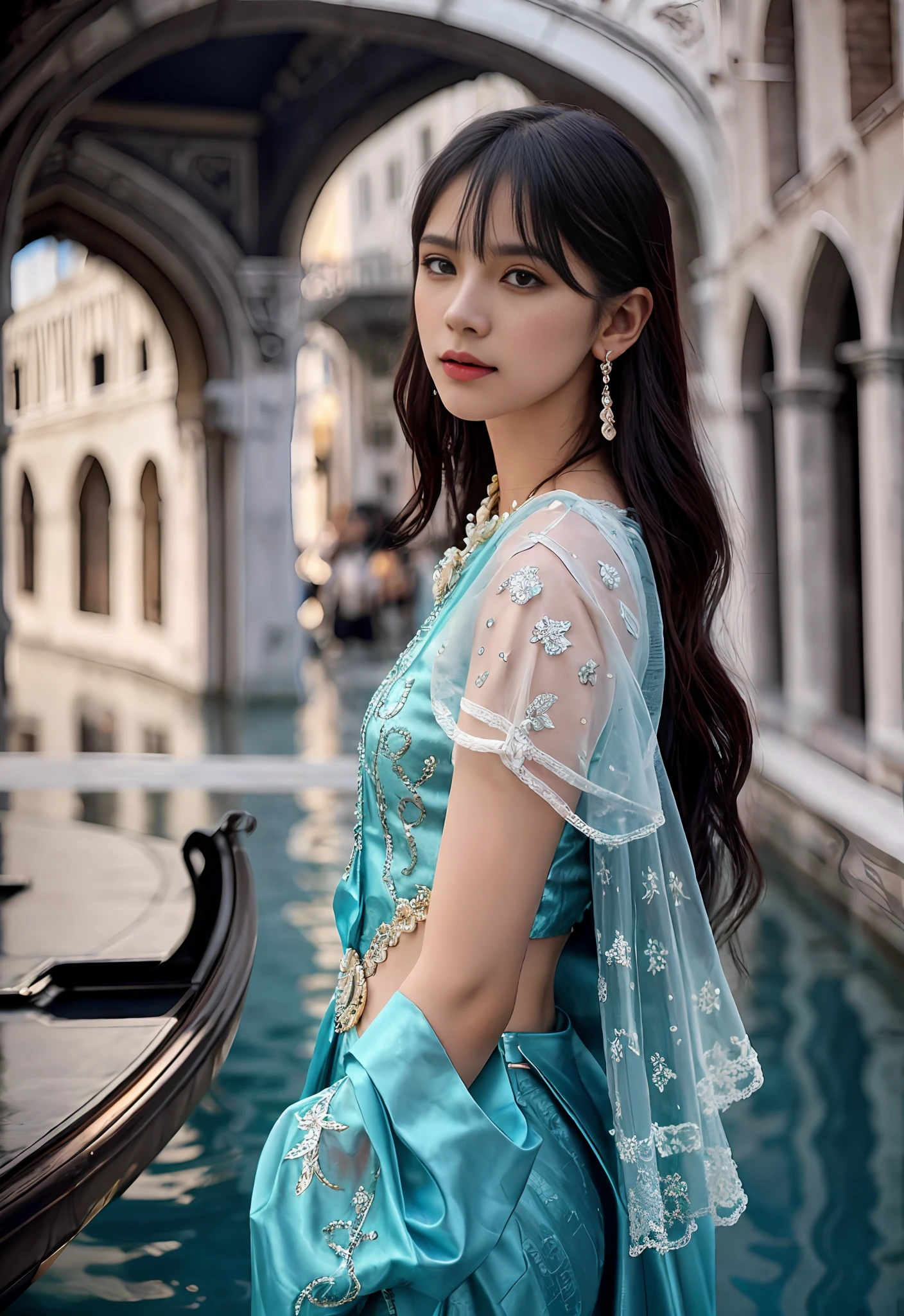 a hyper realistic ultra detailed photograph of a beautiful girl as a female 2020s dancer on the boat of 2020s Venice,(Bridge Of Sighs background),(princess eyes,shiny pupils), detailed symmetric beautiful hazel eyes, detailed gorgeous face, peaky blinders environemt, trending on cg society, bauhaus, bulgari, colourful atmosphere, official valentino editorial, moonlight, medium symmetry, neoprene, behance contest winner, portrait featured on unsplash, stylized digital art, smooth, ultra high definition, 8k, unreal engine 5, ultra sharp focus, award-winning photograph, Canon EOS 5D Mark IV DSLR, f/8, ISO 100, 1/250 second, TanvirTamim, trending on artstation, by artgerm, h. r. giger and beksinski, highly detailed, vibrant