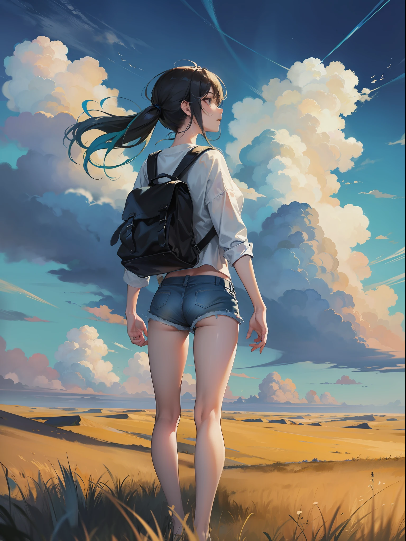 The vast sky, beautiful skyline, large grasslands, extremely tense and dramatic pictures, moving visual effects, the high-hanging Polaris, and colorful natural light. Long-sleeved top, denim shorts, and a girl with a backpack.