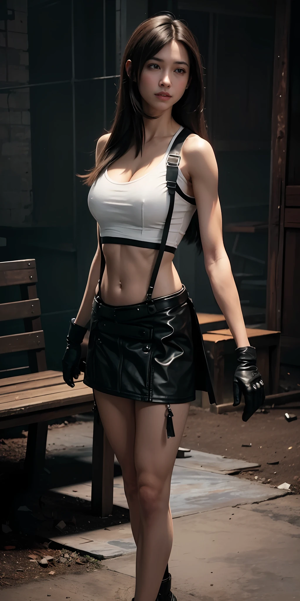 (cinematic, 8k, best quality, masterpiece: 1.2), (realistic, photo-realistic: 1.37), ultra-detailed, soft light, best quality, ultra highres, raw photo in hdr, sharp focus, intricate texture, skin imperfections, 1 girl, beautiful face with light smile, solo, raw photo, a hot Tifa wearing a small outfit showing belly, (blouse in bench color with TRANSPARENCY) and black skirt with suspenders,  wearing long black gloves on the arms, beautiful face with 19yo smile, camel fingers, athletic slim body, warm body, shiny skin, realistic textures, reflected lighting, volumetric lighting. In the background a place abandoned and destroyed with smoke.