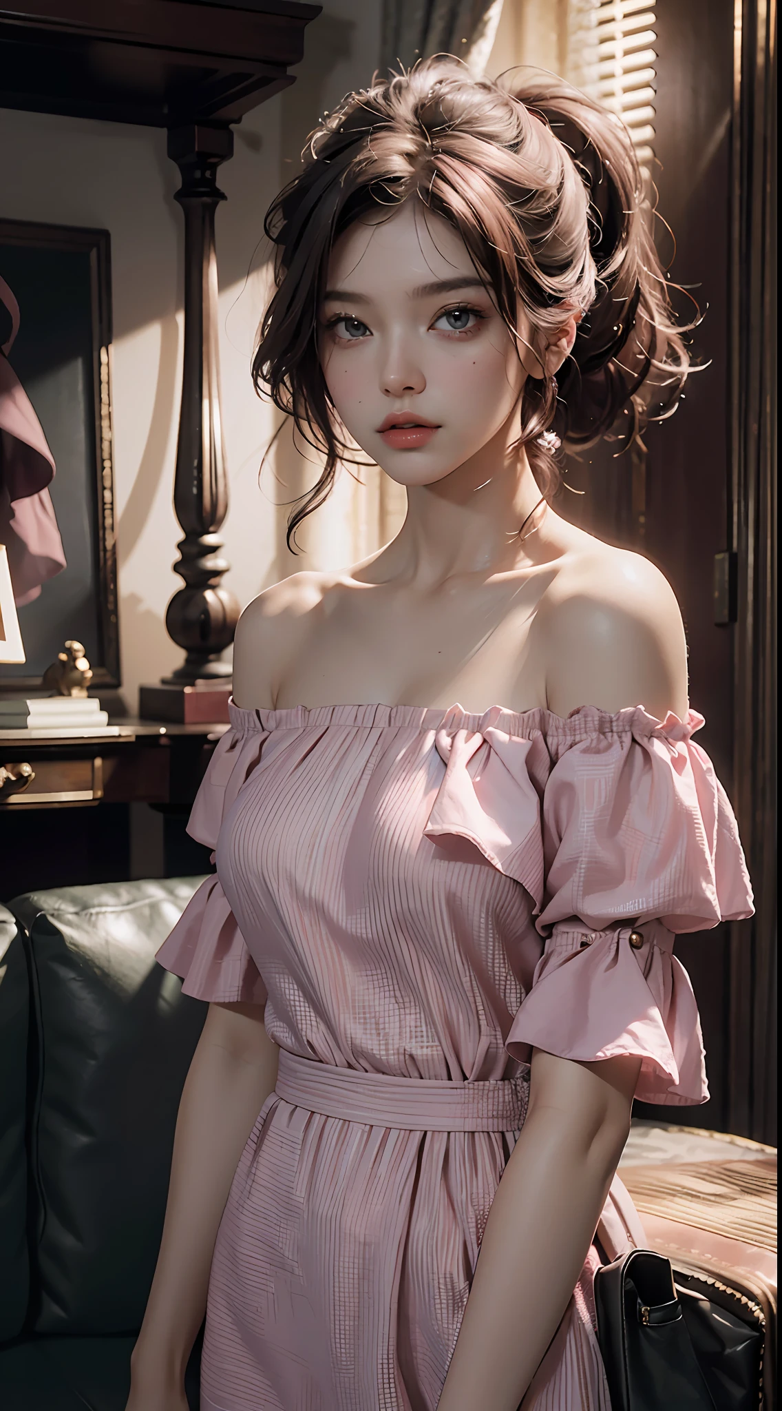 Best Quality, Masterpiece, Ultra High Resolution, (Realisticity: 1.4), Original Photo, 1girl, Pink Off-the-Shoulder, Cinematic Lighting