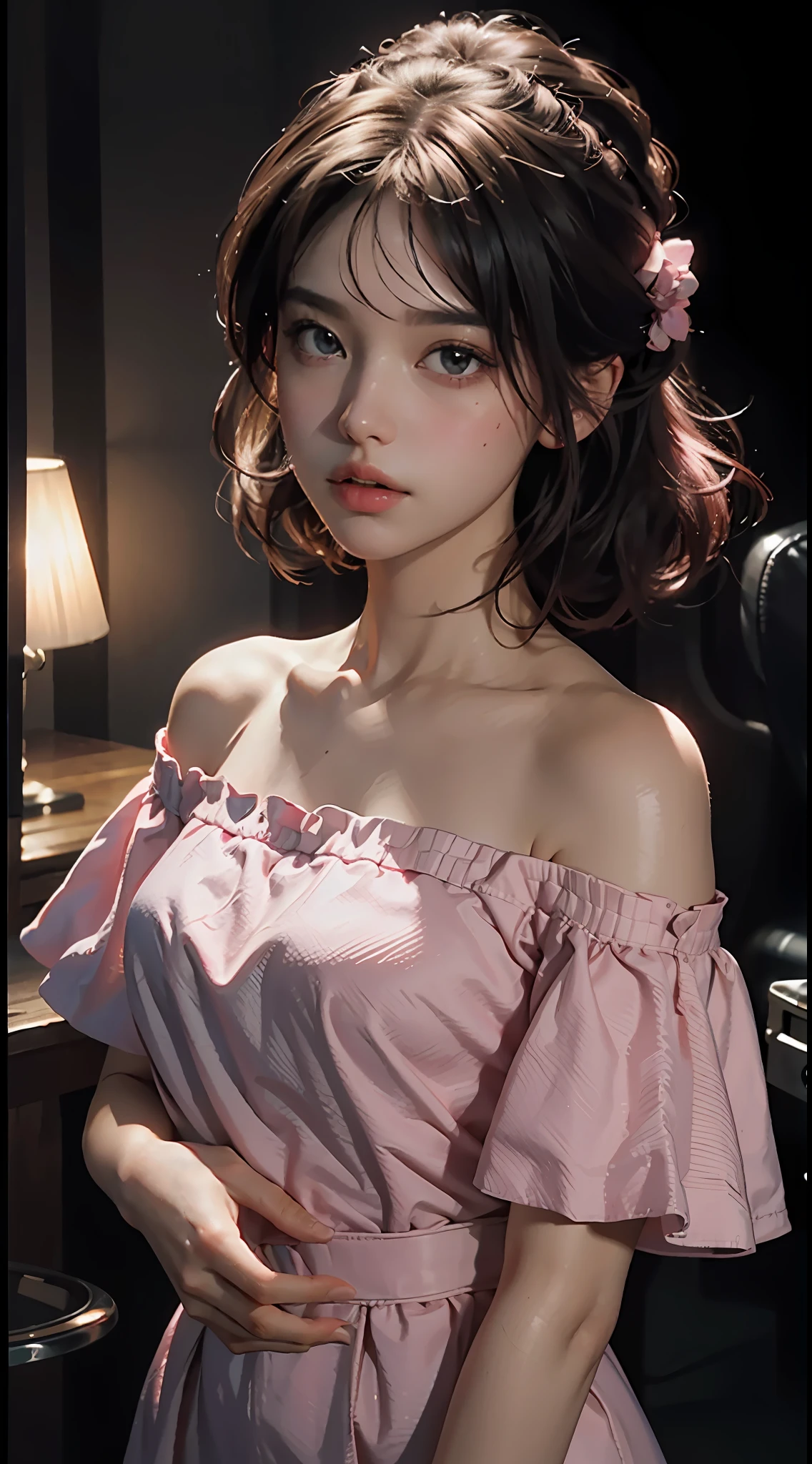 Best Quality, Masterpiece, Ultra High Resolution, (Realisticity: 1.4), Original Photo, 1girl, Pink Off-the-Shoulder, Cinematic Lighting