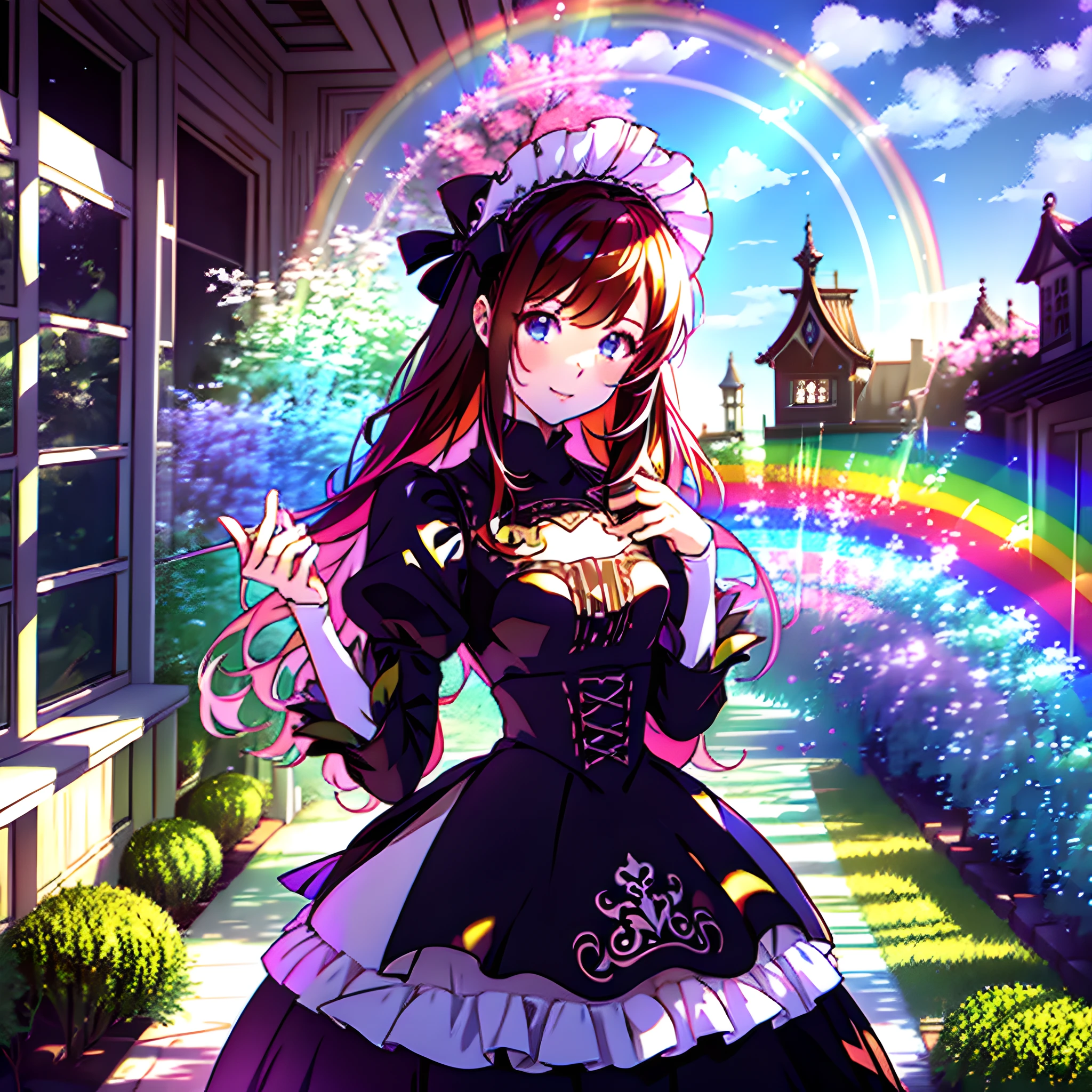 1 Girl, Solo: 1.6), (Best Impact: 1.5), (Maximalism: 1.7), Vivid Contrast, (Realistic), Ultra-Realistic Illustration, Hi-Res, Ultra-Detailed, Absurd, Classic Lolita, Loli, (Lolita Maid: 1.4), Himekat, Extravagant Ruffles, Straight Hair, Multicolored Hair, Dull Bangs, Intricate Patterns, Sweet Gothic Lolita, Ruffles, cute, gothic decoration, (Wonderland, Fantasy, : 1.3), (Rainbow, Flower Tree, Sweets Cloud: 1.5), (Yumekawa, Yumekawa, Pastel Colors: 1.3), (Sweets Garden: 1.3), (Sweets Country, Confectionery, Rainbow Arch: 1.3), (Sugar Candy, Round Rainbow Frame: 1.3), flowers, blue sky,