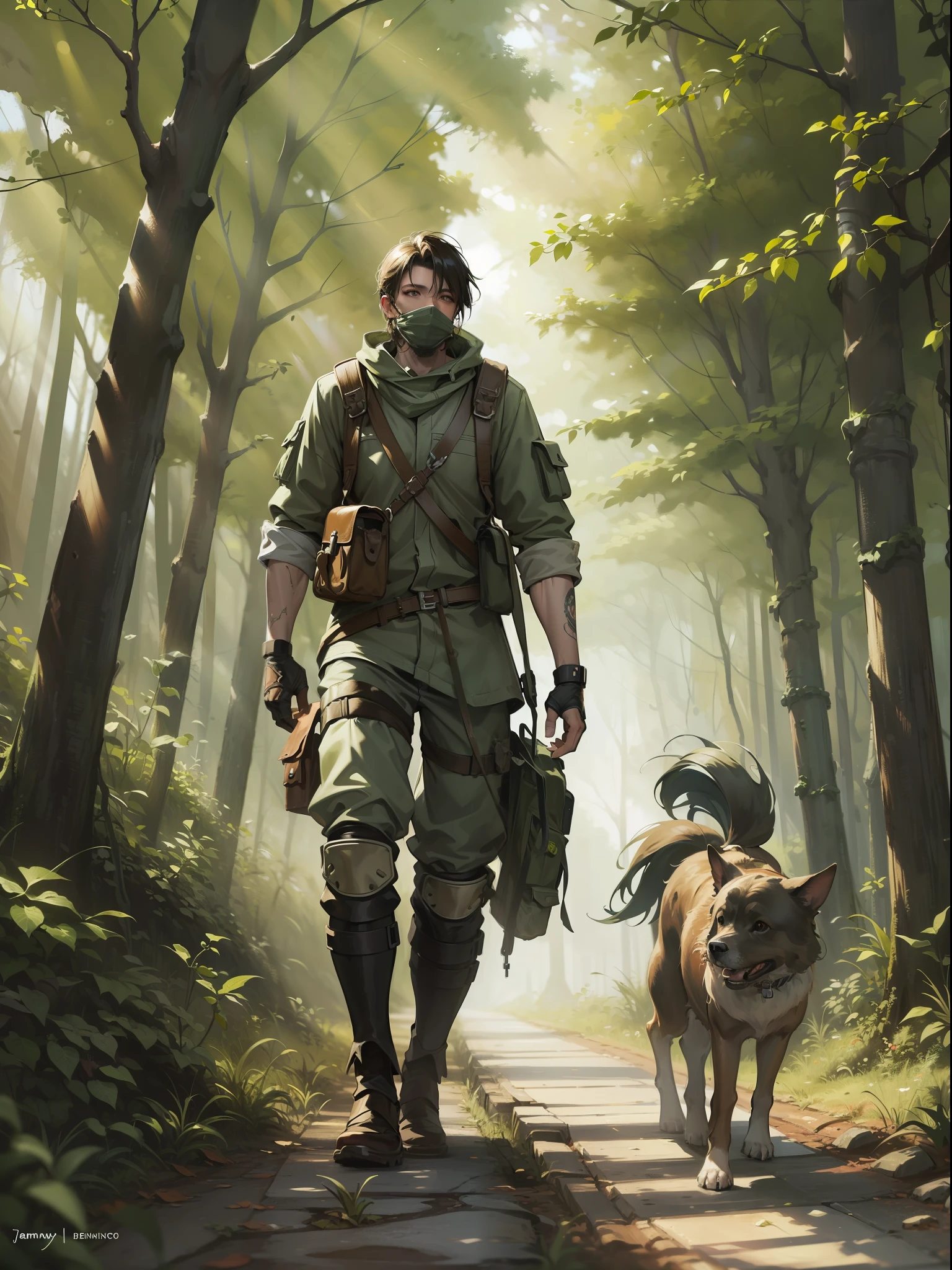 (masterpiece) RAW highly detailed, a man with a post-apocalyptic dog with a backpack is walking down a clear alley in a leafy and long forest, at the end of the way a strong white light shaped ball, hassanfantasy style, by Jeremy Mann and Donato Giancola ultra realistic highly detailed intricate photorealistic