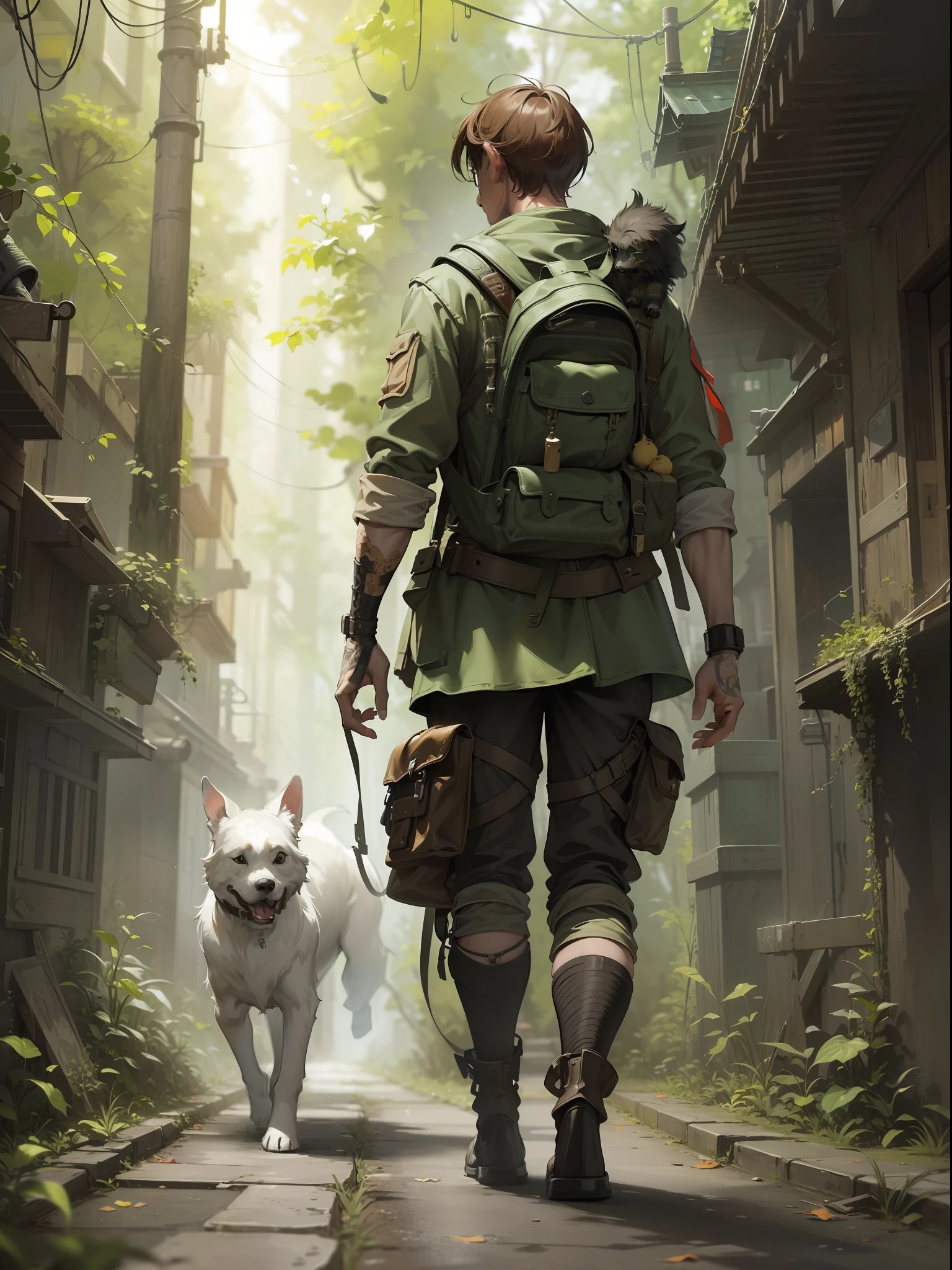 (masterpiece) RAW highly detailed, a man with a post-apocalyptic dog with a backpack is walking down a clear alley in a leafy and long forest, at the end of the way a strong white light shaped ball, hassanfantasy style, by Jeremy Mann and Donato Giancola ultra realistic highly detailed intricate photorealistic