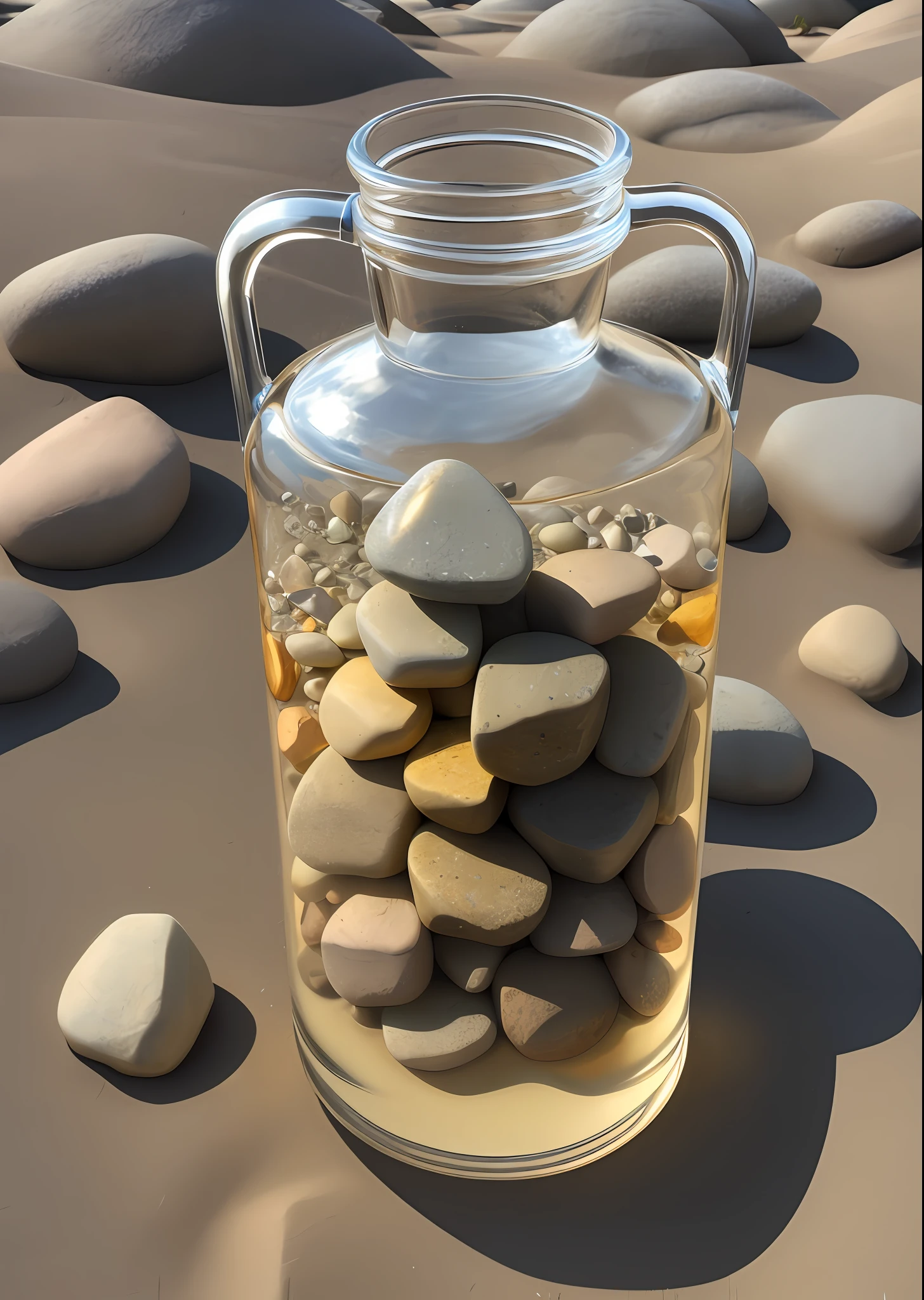 a transparent jug filled with large stones, small stones and sand.