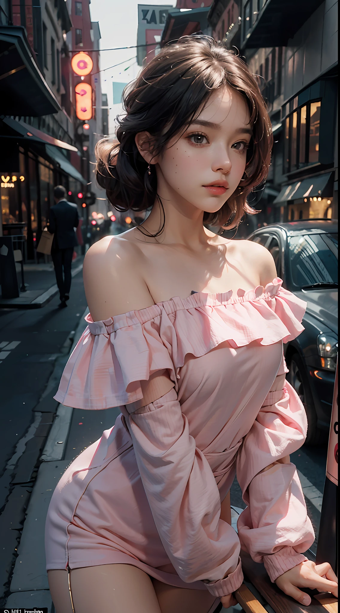 Best Quality, Masterpiece, Ultra High Resolution, (Realisticity: 1.4), Original Photo, 1girl, Pink Off-the-Shoulder, Cinematic Lighting