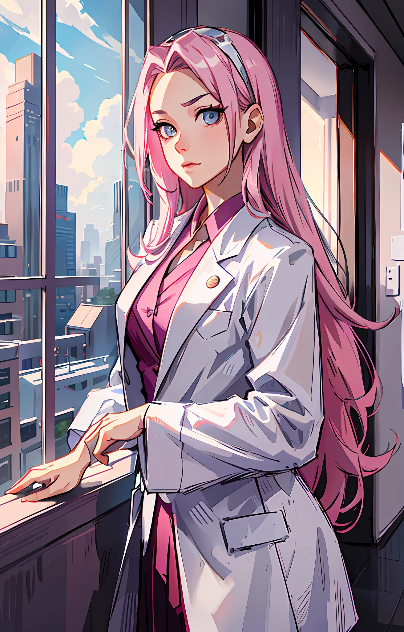 SakuraNS, ((solo)), alone, ((forehead the show)), elegant, wearing a white lab coat, pink hair, delicate, young, long hair, detailed face, high definition, ((full body)), full body, ((serious)), in a hospital, looking at the city outside the window, doctor, she is a beautiful woman of success, face with high quality,medical, high definition, sharp, sharp features, no bandana, unadorned