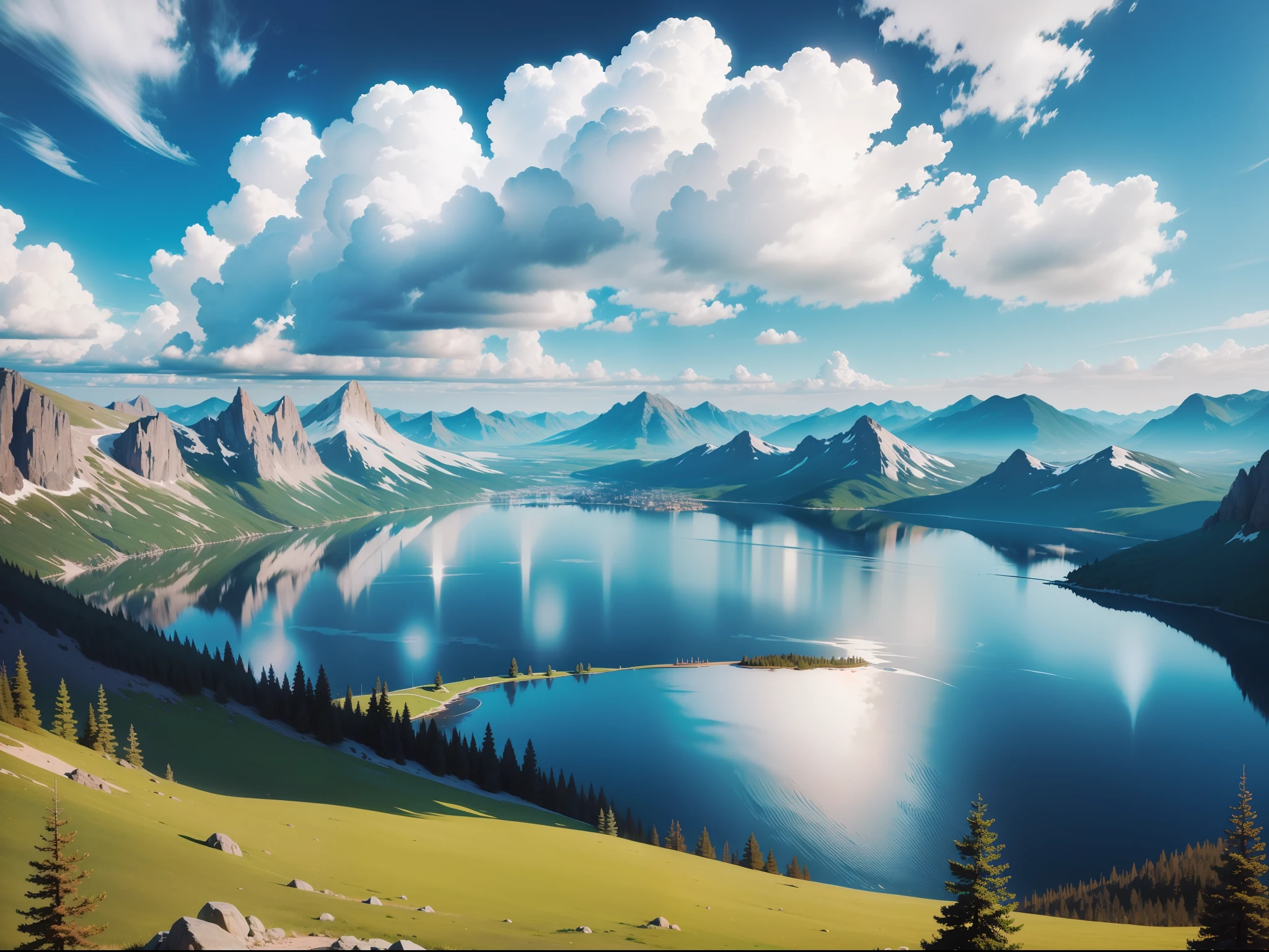 mountain landscape, lake, white clouds, sunny day