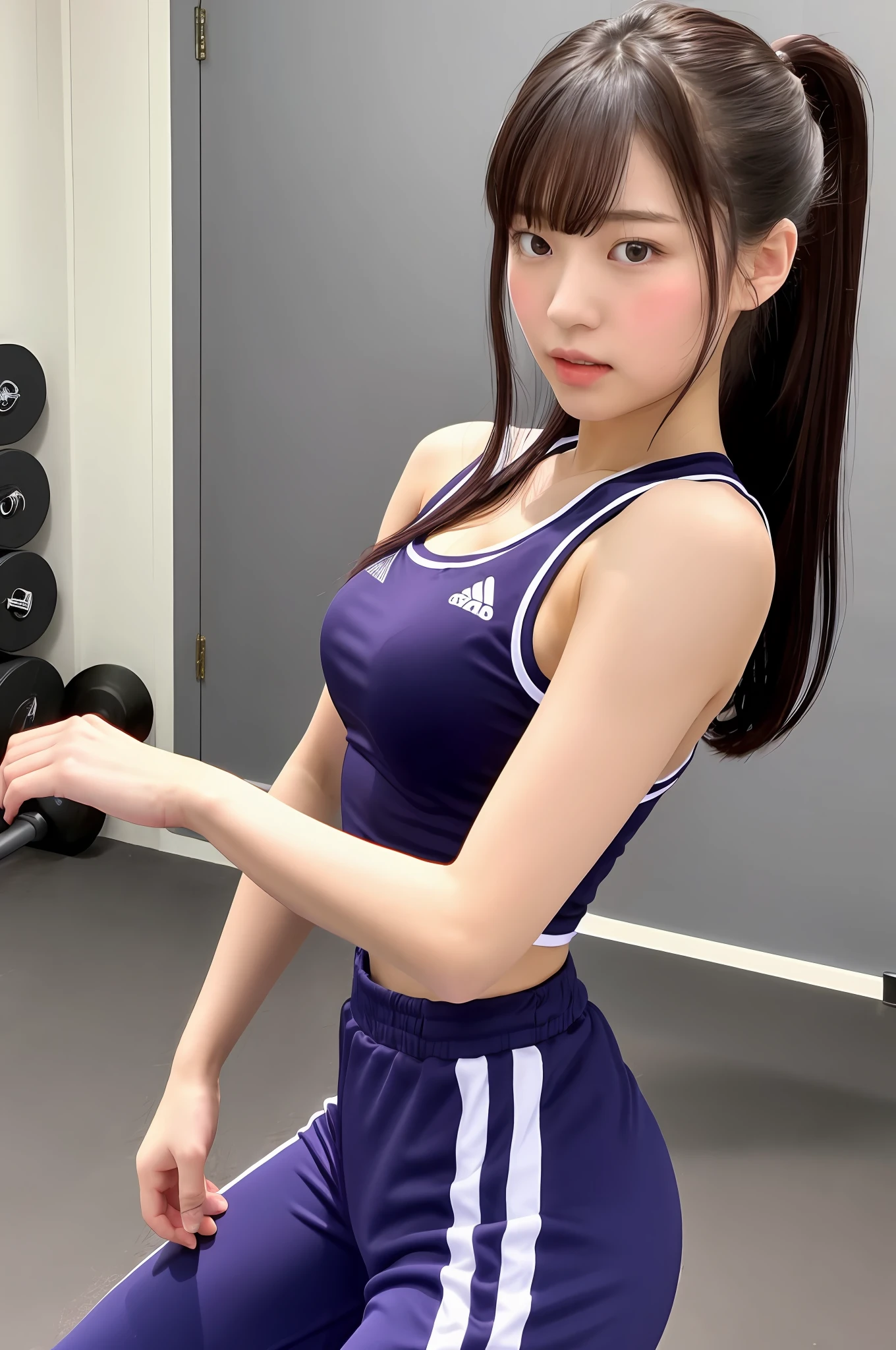 gymnasium, gym clothes, Japan model, young sensual idol, young cute idol, realistic young idol, realistic sensual idol, young idol, sophisticated idol, Yoshitomo Nara, young skinny idol, beautiful asian girl,