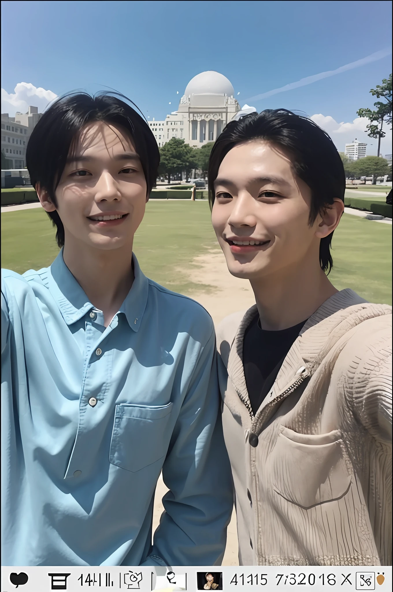 Selfie, a man and his boyfriend, park, paparazzi footage, sunny weather, video screenshot, low quality, frame