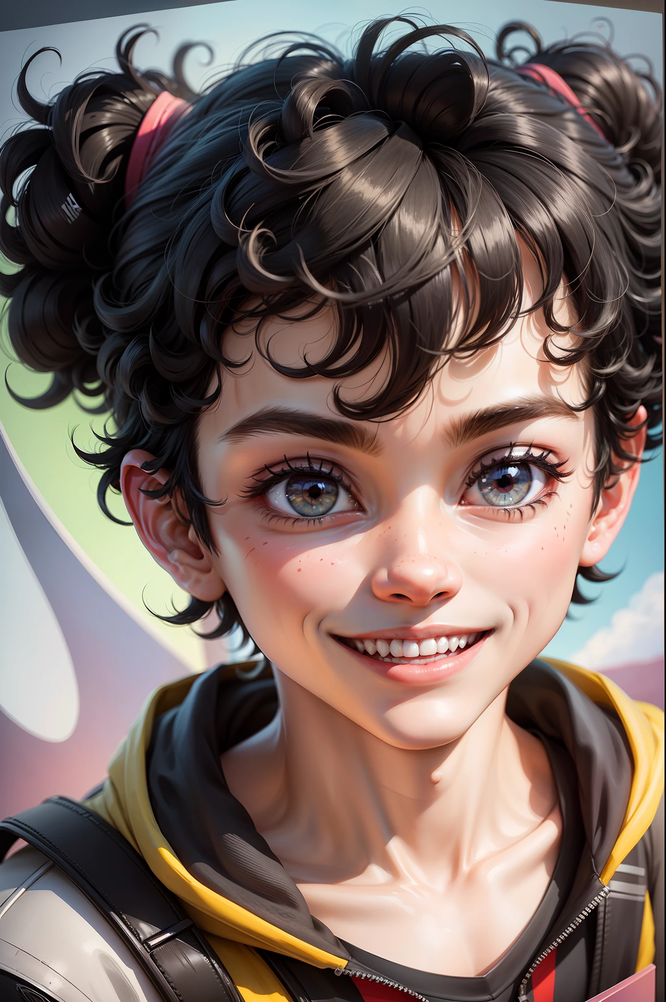 14 year old boy in 3D cartoon children's cartoon style with curly, black hair, grsndes eyes and wide smile --auto --s2
