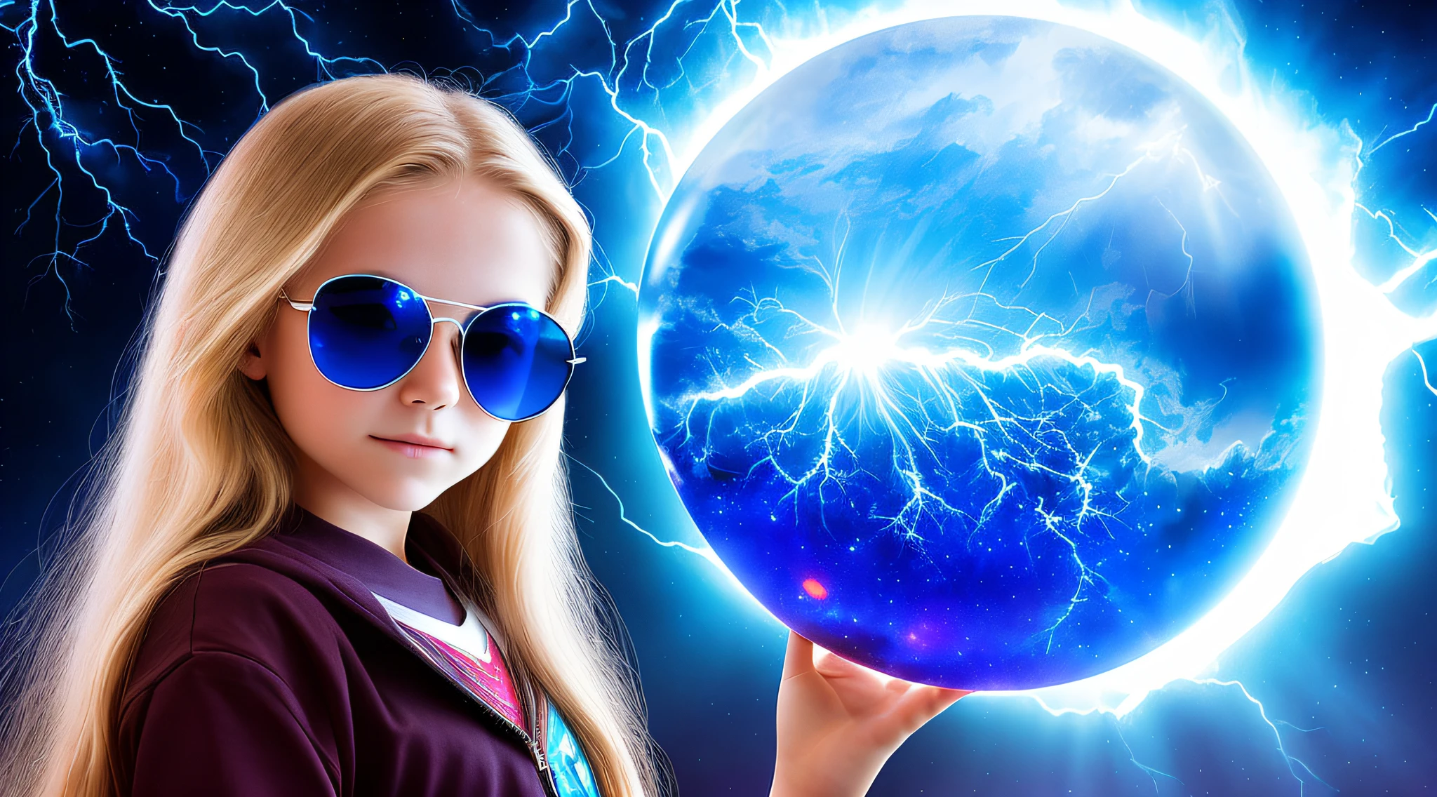 14 YEAR OLD CHILD GIRL WITH SUNGLASSES, WITH LONG BLONDE HAIR, holding a blue ball in her hands with smoke enveloped by lightning and a dark transparent blue, super realistic coming out of it,.crystal ball, holding a crystal ball.