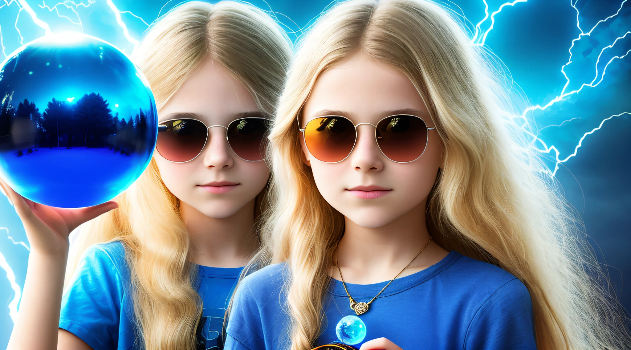 14 YEAR OLD CHILD GIRL WITH SUNGLASSES, WITH LONG BLONDE HAIR, holding a blue ball in her hands with smoke enveloped by lightning and a dark transparent blue, super realistic coming out of it,.crystal ball, holding a crystal ball.