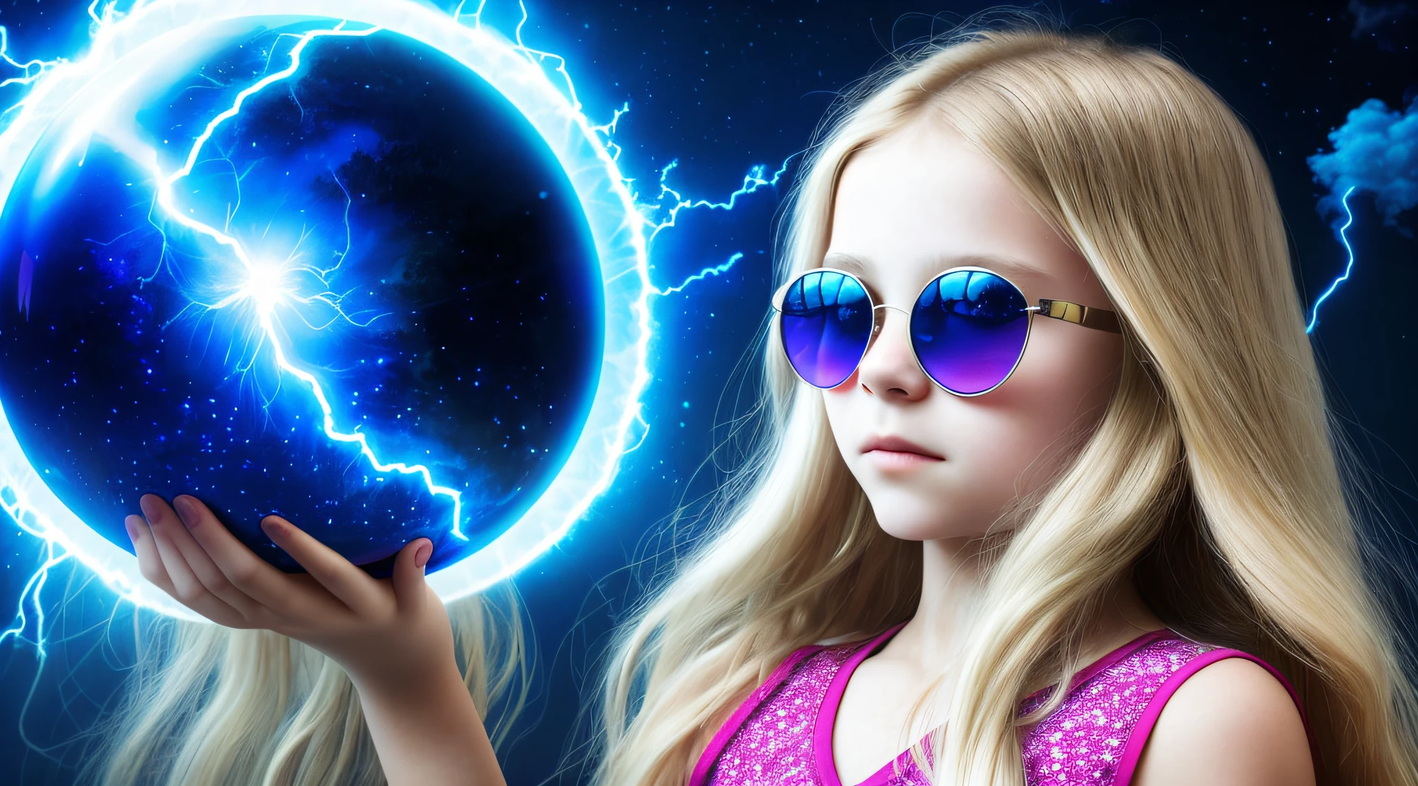 14 YEAR OLD CHILD GIRL WITH SUNGLASSES, WITH LONG BLONDE HAIR, holding a blue ball in her hands with smoke enveloped by lightning and a dark transparent blue, super realistic coming out of it,.crystal ball, holding a crystal ball.