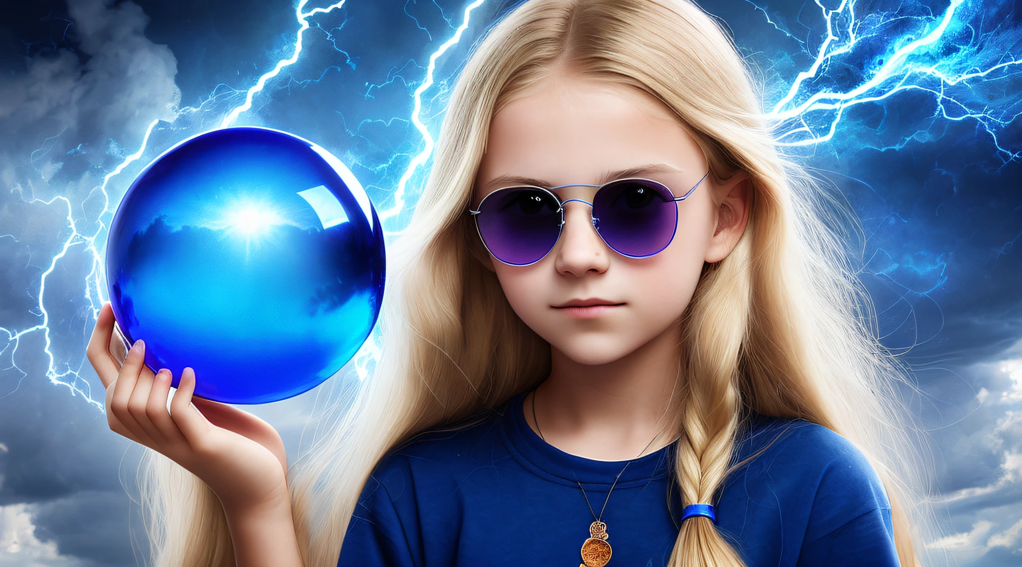 14 YEAR OLD CHILD GIRL WITH SUNGLASSES, WITH LONG BLONDE HAIR, holding a blue ball in her hands with smoke enveloped by lightning and a dark transparent blue, super realistic coming out of it,.crystal ball, holding a crystal ball.