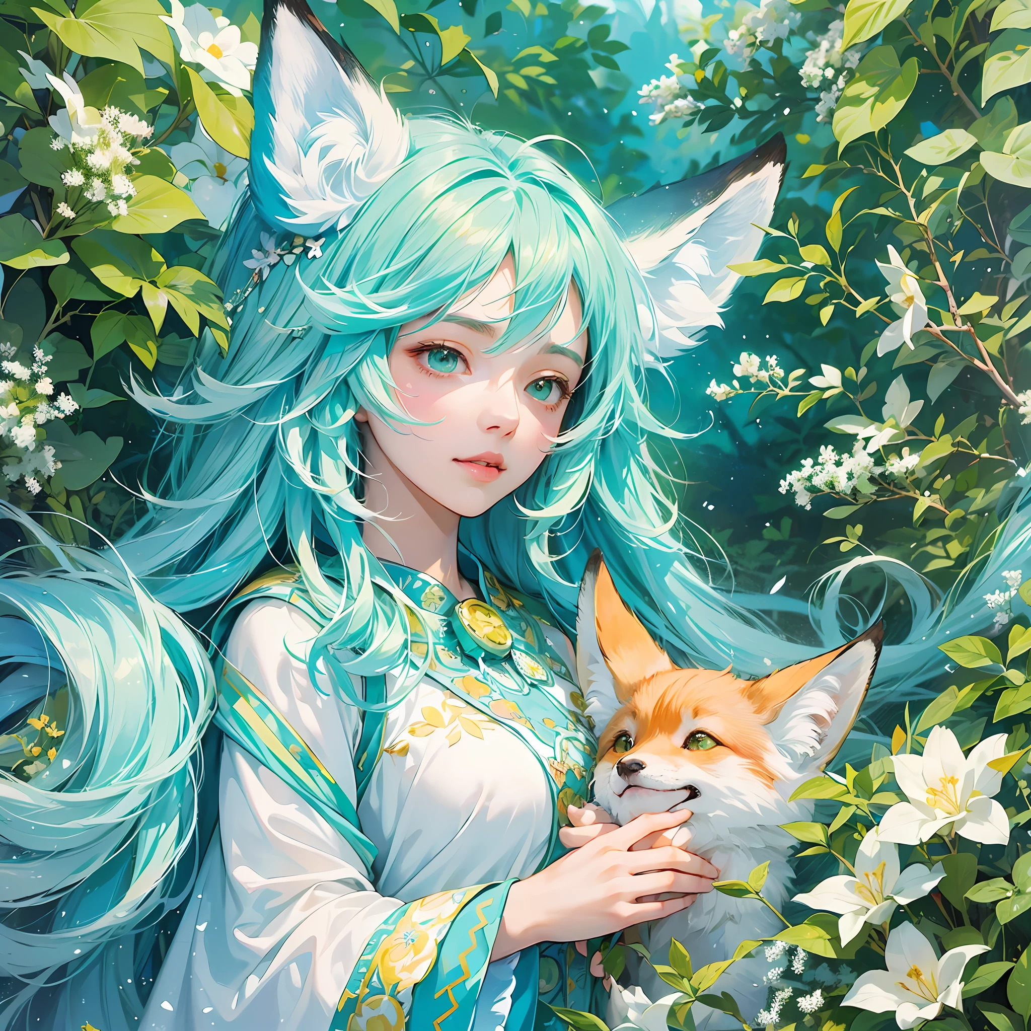 (high-quality) anime-like illustration of (1 girl) with adorable fox ears in a (relaxed posture), surrounded by a (chorus of joyful and charming plants). (color palette: sea blue, foam green, white, yellow bits), --auto --s2